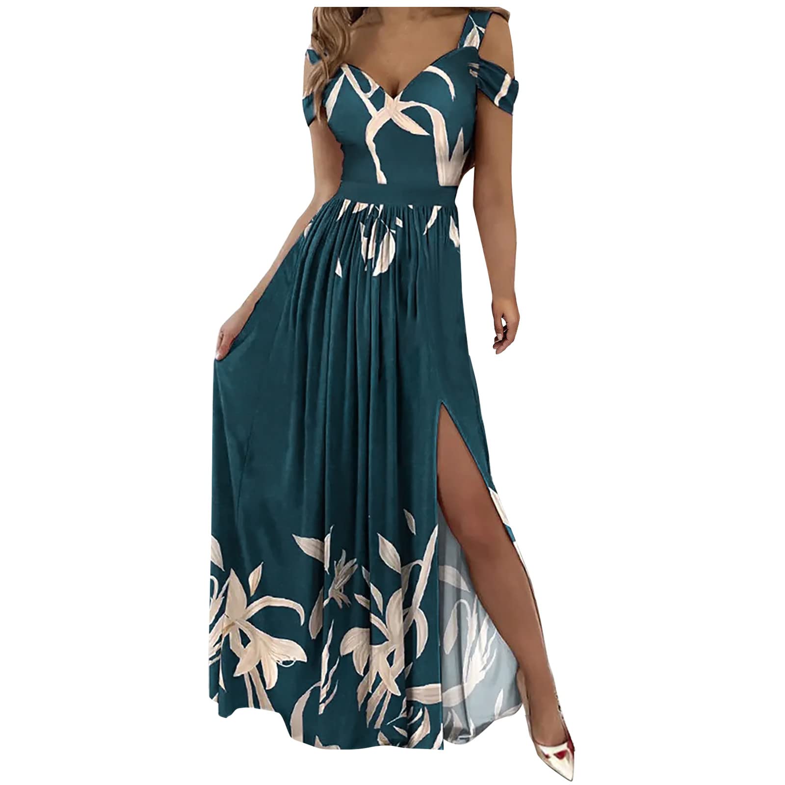 Elegant Off Shoulder V-Neck Pleated Maxi Dress for Women - Sexy Formal Cocktail Dress with High Slit for Wedding Guest, Party, Date Night & Special Occasions
