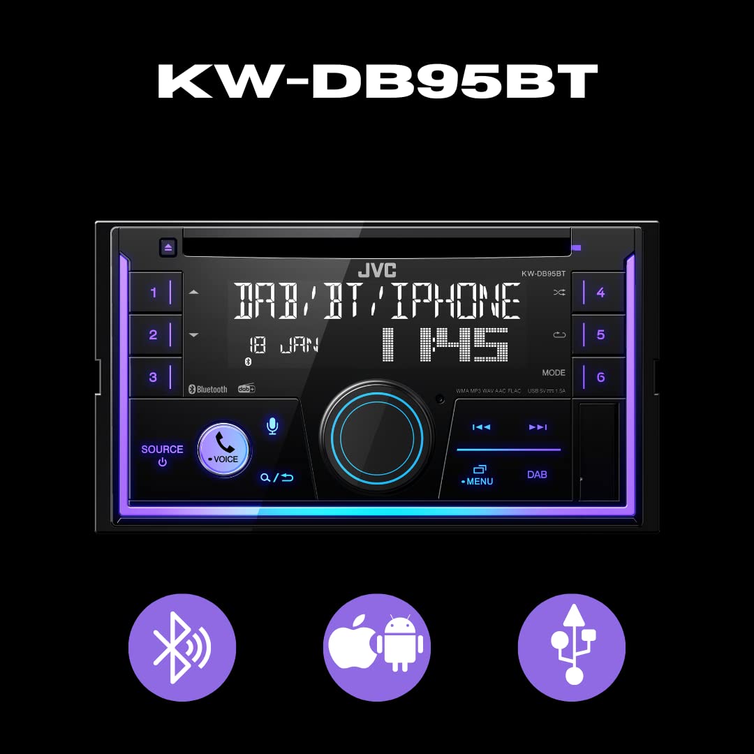 JVC KW-DB95BT 2DIN Car Stereo with CD Player, USB Port, Bluetooth, iPod Connectivity & DAB+ - Black | Perfect for Road Trips & Daily Commutes
