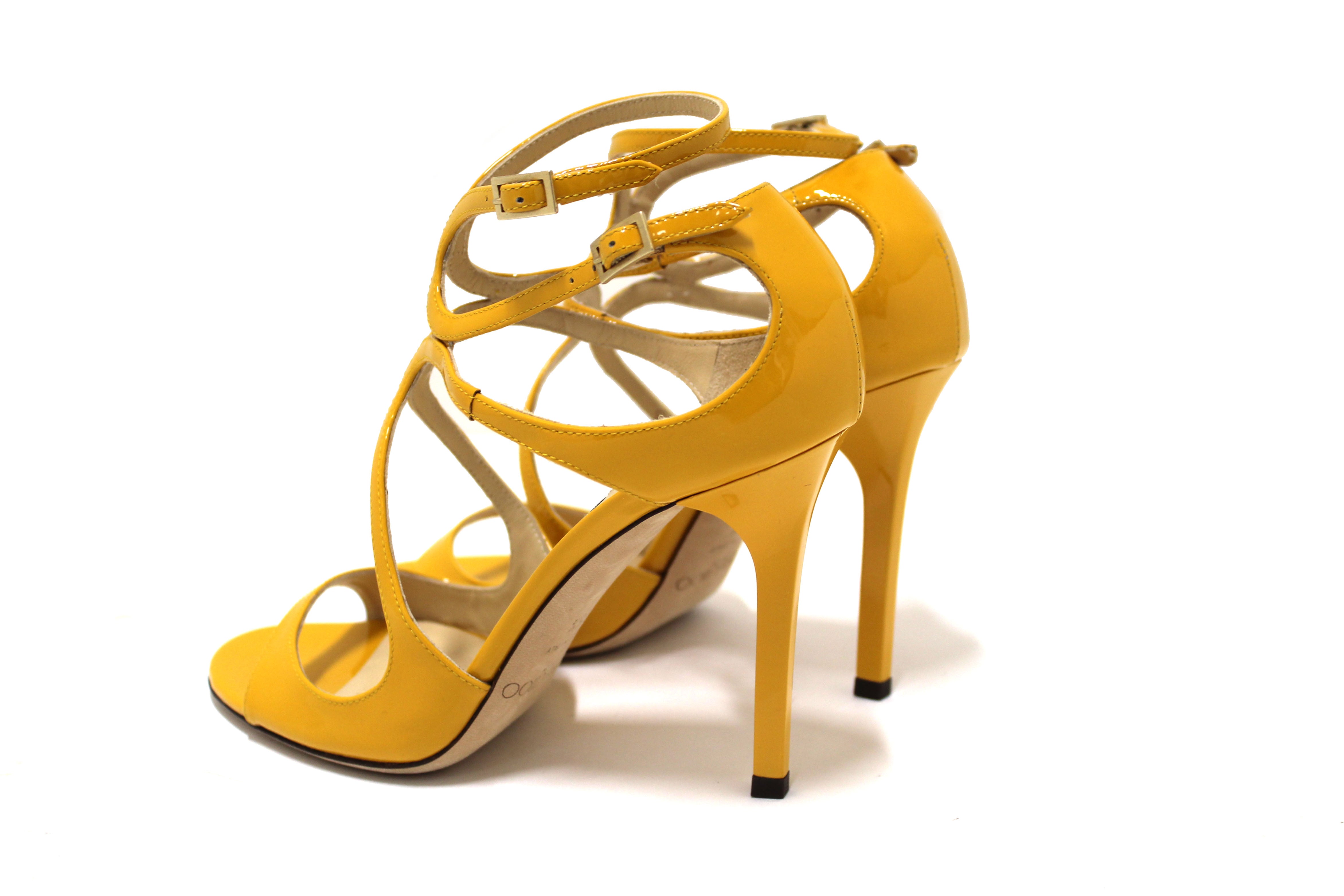 Authentic Jimmy Choo Yellow Patent Leather Strap Heel Sandals Size 35.5 - Women's Luxury High Heels for Weddings, Parties & Special Occasions