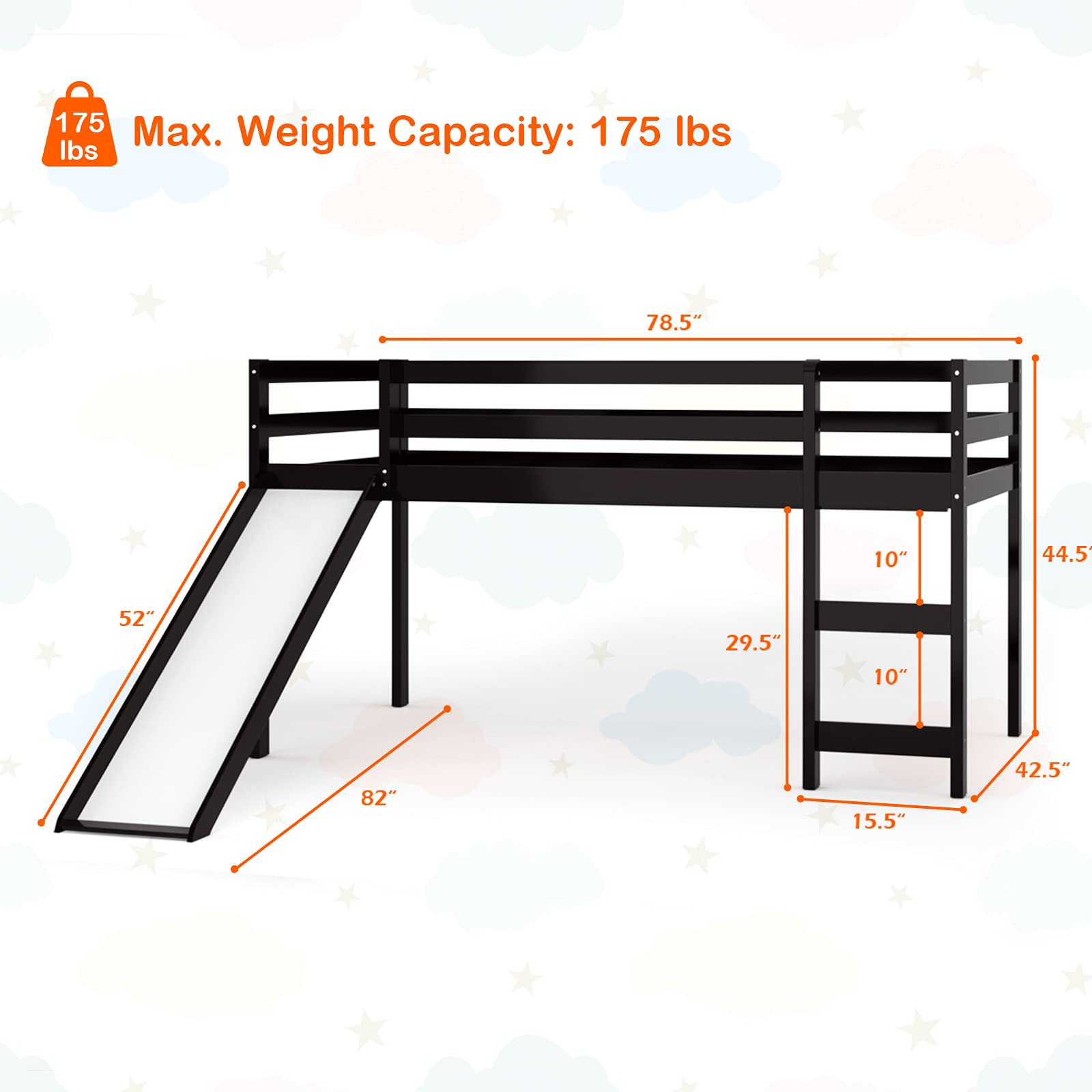 KOTEK Twin Loft Bed with Slide - Wooden Low Loft Bed for Kids with Ladder, Safety Guard Rail & Slats - Espresso Finish - Perfect for Small Bedrooms, Playrooms & Kids' Sleepovers