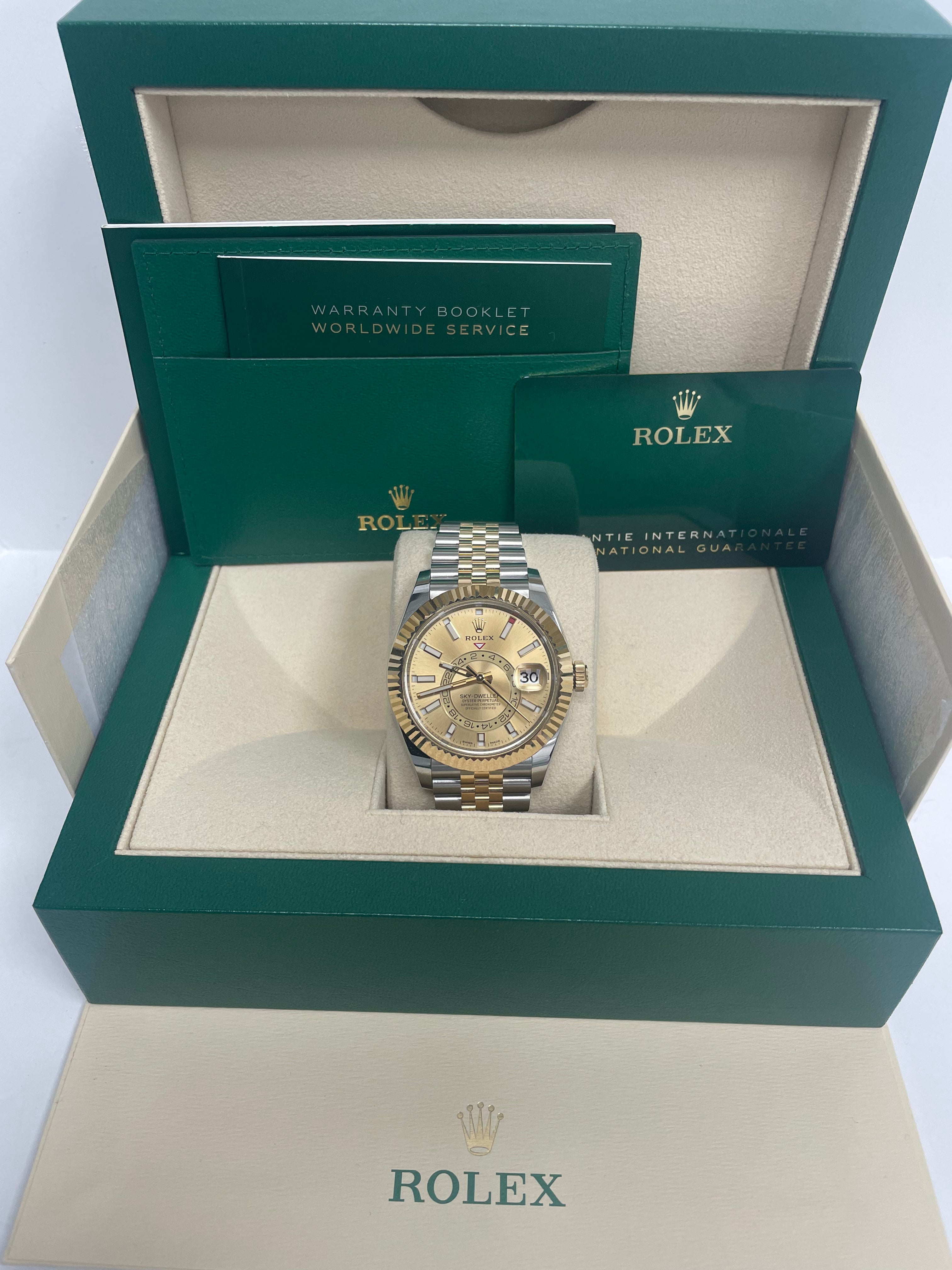 Rolex Sky-Dweller Two-Tone Stainless Steel & Yellow Gold Watch with Champagne Index Dial and Jubilee Bracelet (Ref# 326933) - Luxury Timepiece for Business Travelers and Watch Collectors