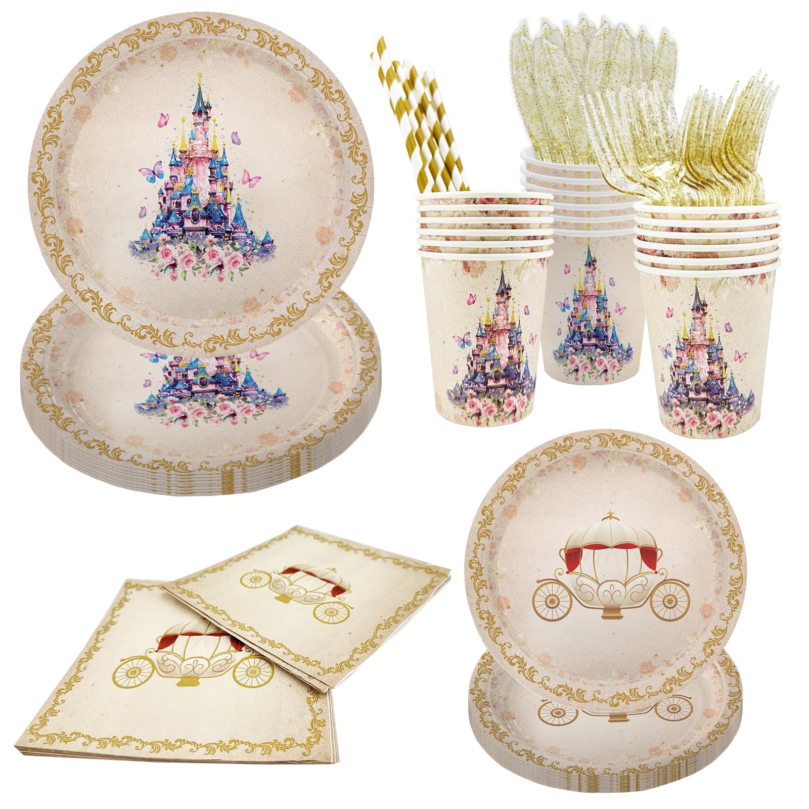 112 PCS Princess Party Plates & Tableware Set - Once Upon a Time Castle Theme Birthday Decorations with Purple Floral Napkins - Perfect for Girl's Baby Shower, Birthday Party & Princess Themed Events - Serves 16 Guests