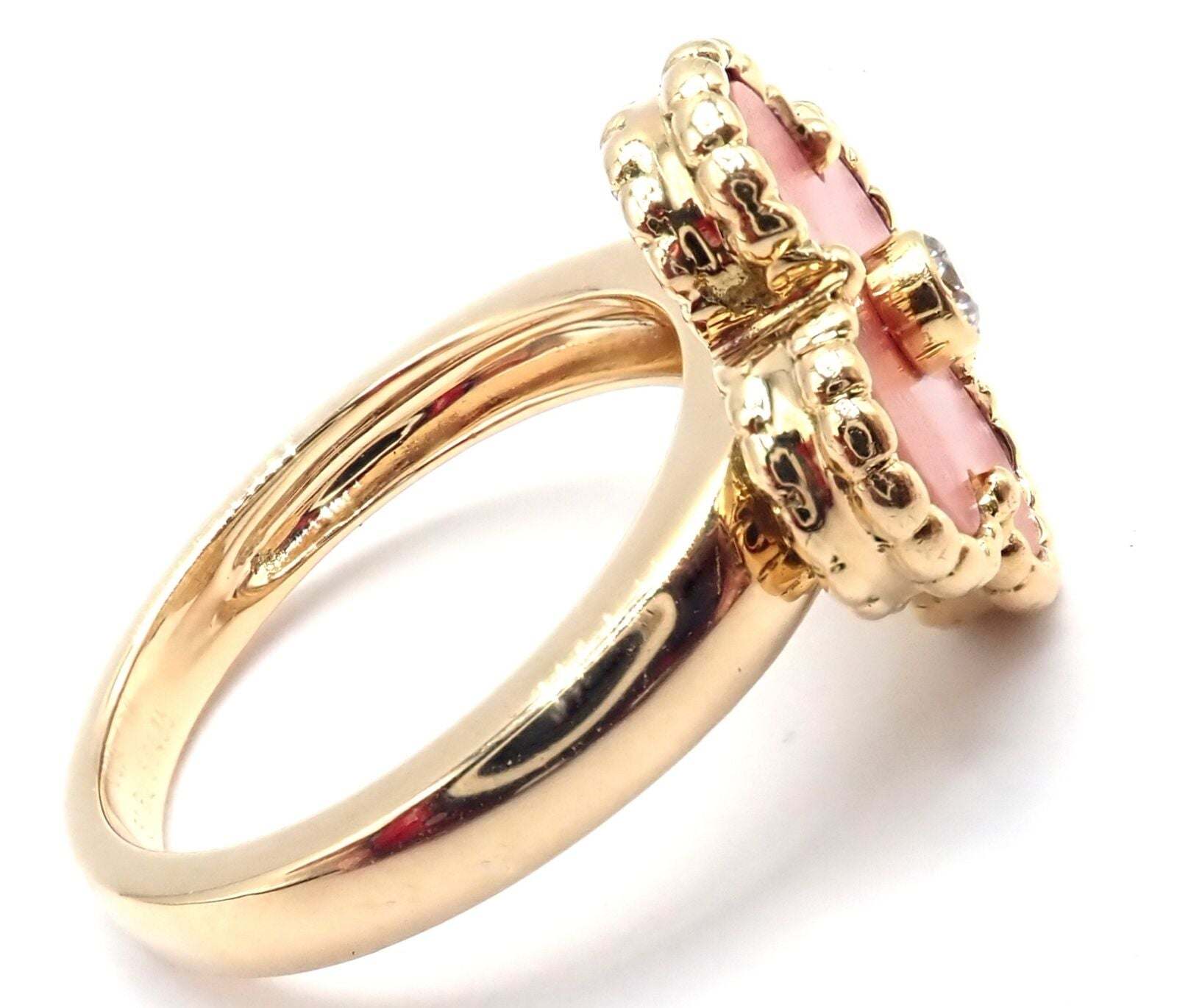 Authentic Van Cleef & Arpels Alhambra 18k Yellow Gold Coral Diamond Ring - Luxury Jewelry for Women, Elegant Gift for Anniversary, Wedding & Special Occasions