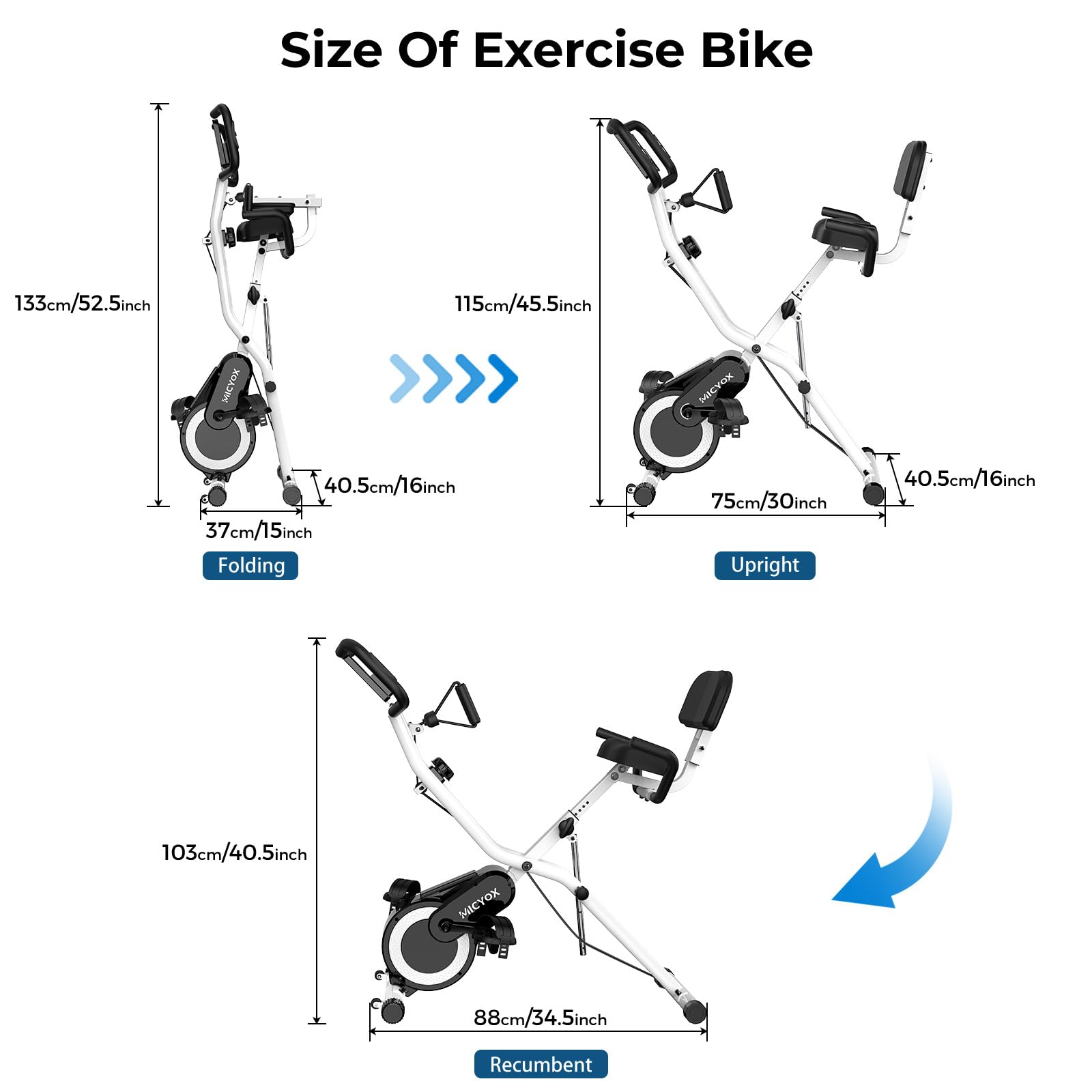 Micyox MX711 Foldable Exercise Bike - 3-in-1 Home Cycling Machine with Adjustable Backrest, Oversized Seat, 16-Level Magnetic Resistance, LCD Monitor & Heart Rate Sensor - Perfect for Home Gym, Cardio Workouts & Small Spaces