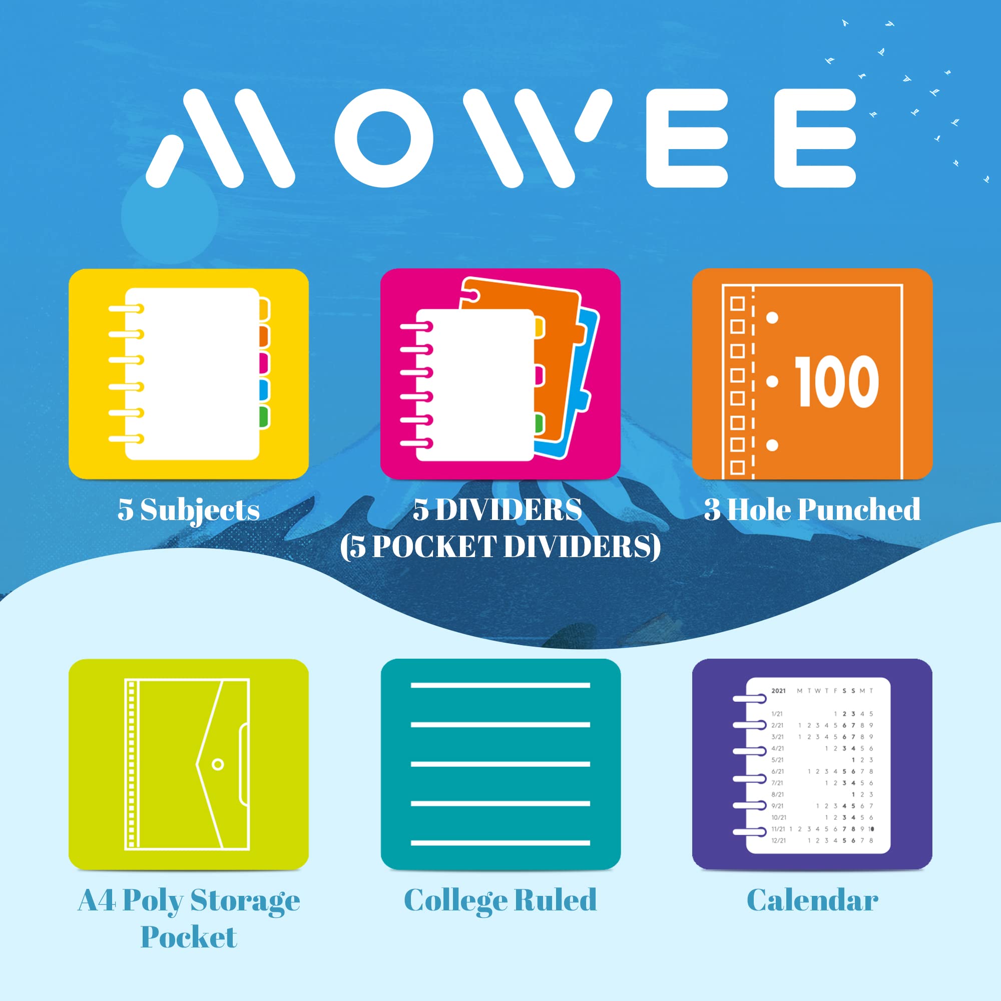 Premium 2-Pack 5-Subject Spiral Notebooks - College Ruled with Dividers, Pockets & Labeled Tabs, Includes 11