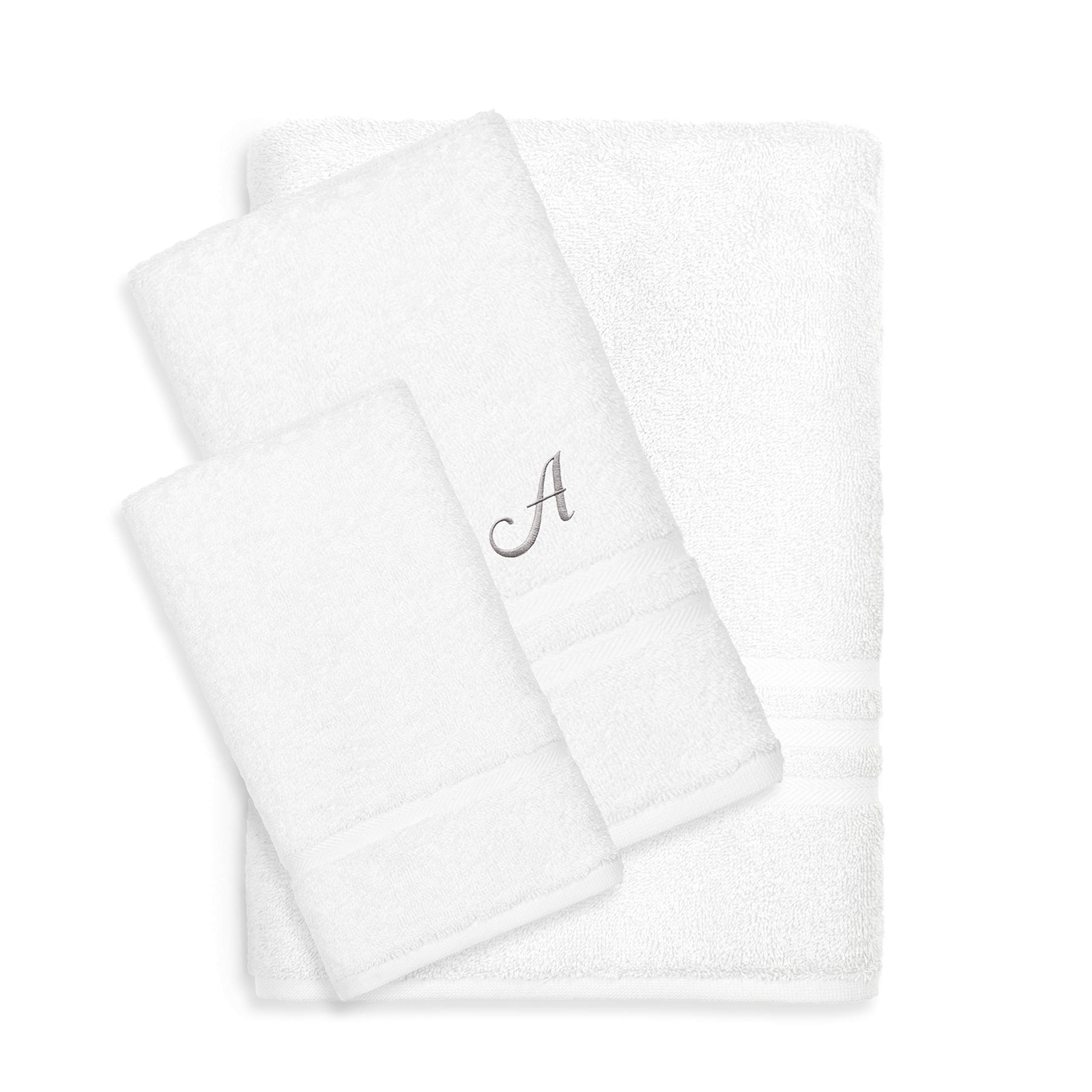 Premium Omni Turkish Cotton 3-Piece Bath Towel Set - Ultra Soft & Absorbent White Towels with Elegant Grey Monogram - Perfect for Luxury Hotels, Spas & Home Bathrooms