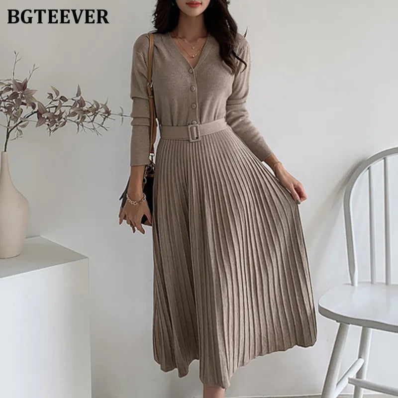 Elegant V-Neck Single-Breasted Women's Thick Knit Sweater Dress with Belt - A-Line Soft Winter Dress for Autumn & Winter 2021 | Perfect for Office, Date Night & Casual Outings