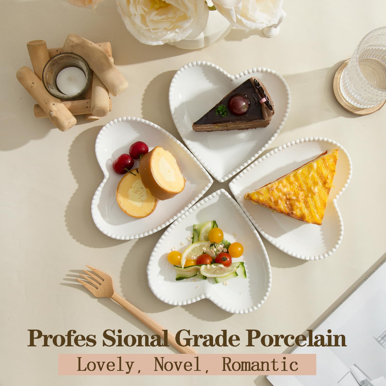 7.5 Inch White Porcelain Appetizer Plates Set of 8 - Heart Shaped Small Dinner Plates for Dessert, Salad, Cake, Snack & Ice Cream | Microwave, Oven & Dishwasher Safe | Perfect for Valentine's Day, Bridal Showers & Romantic Dinners