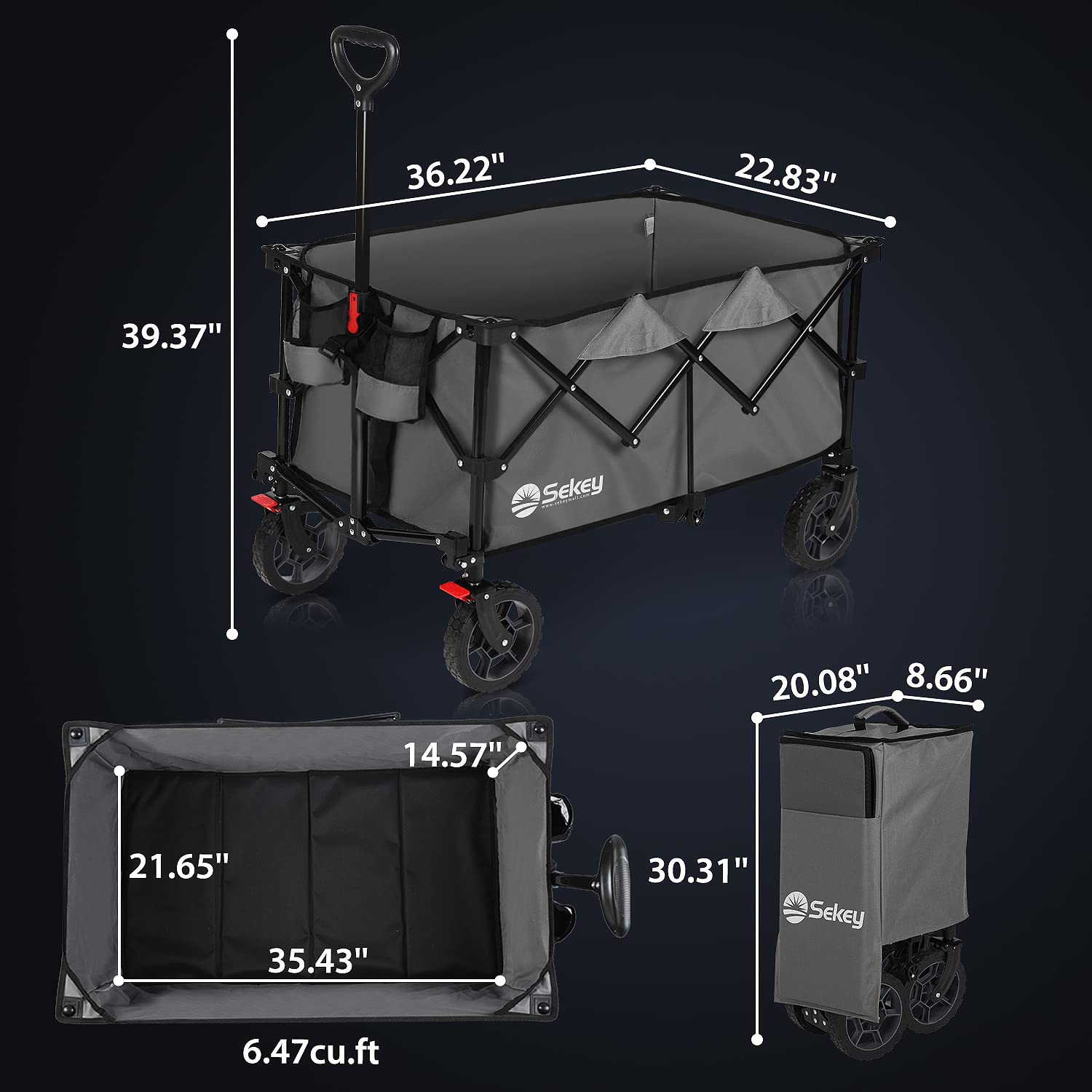 Sekey 220L Heavy Duty Collapsible Folding Wagon Cart with 330lbs Capacity - All-Terrain Wheels, Drink Holders & Storage (Grey) - Perfect for Camping, Beach Trips, Picnics & Grocery Shopping