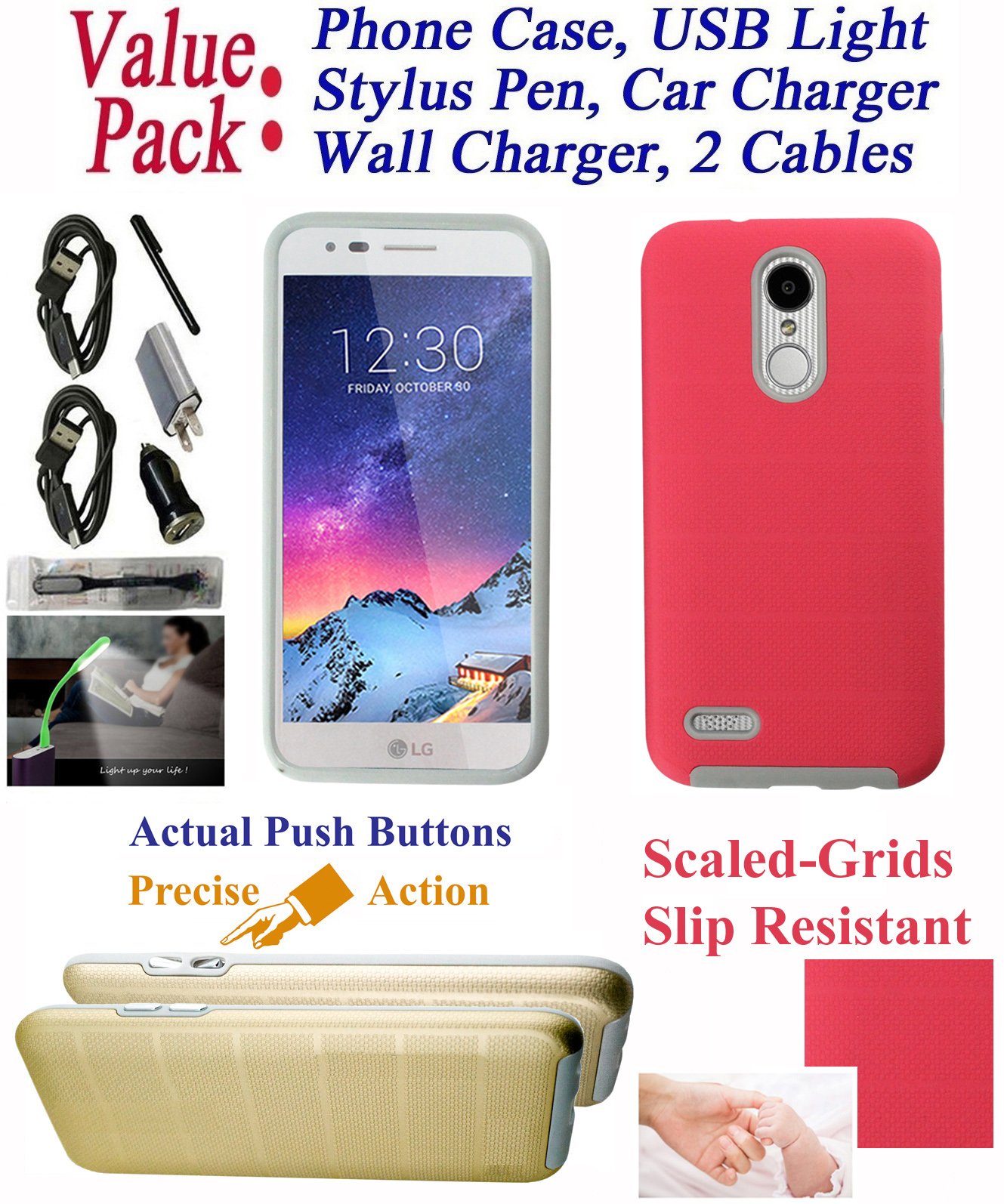 LG K8 2017 Rebel 2 Risio 2 FORTUNE Hybrid Phone Case with Independent Push Button, Slim Shock Bumper Cover, Firm Grip, Pink - Perfect for Everyday Protection and Stylish Use