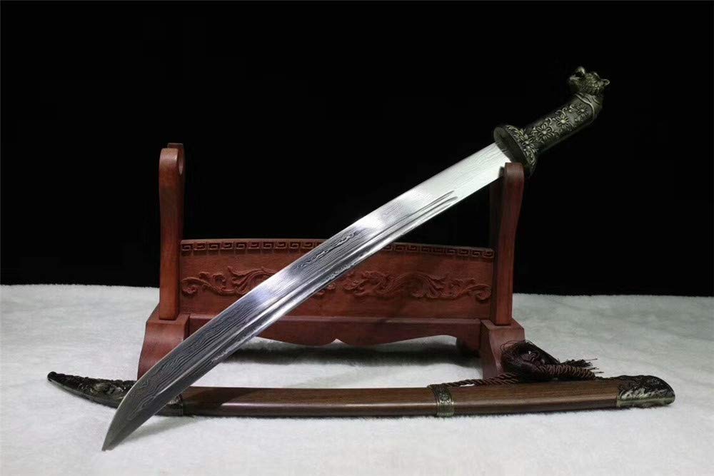 Hand-Forged Damascus Steel Full Tang Chinese Dao Sword with Tiger Handle - Perfect for Martial Arts Training, Collecting & Home Decor