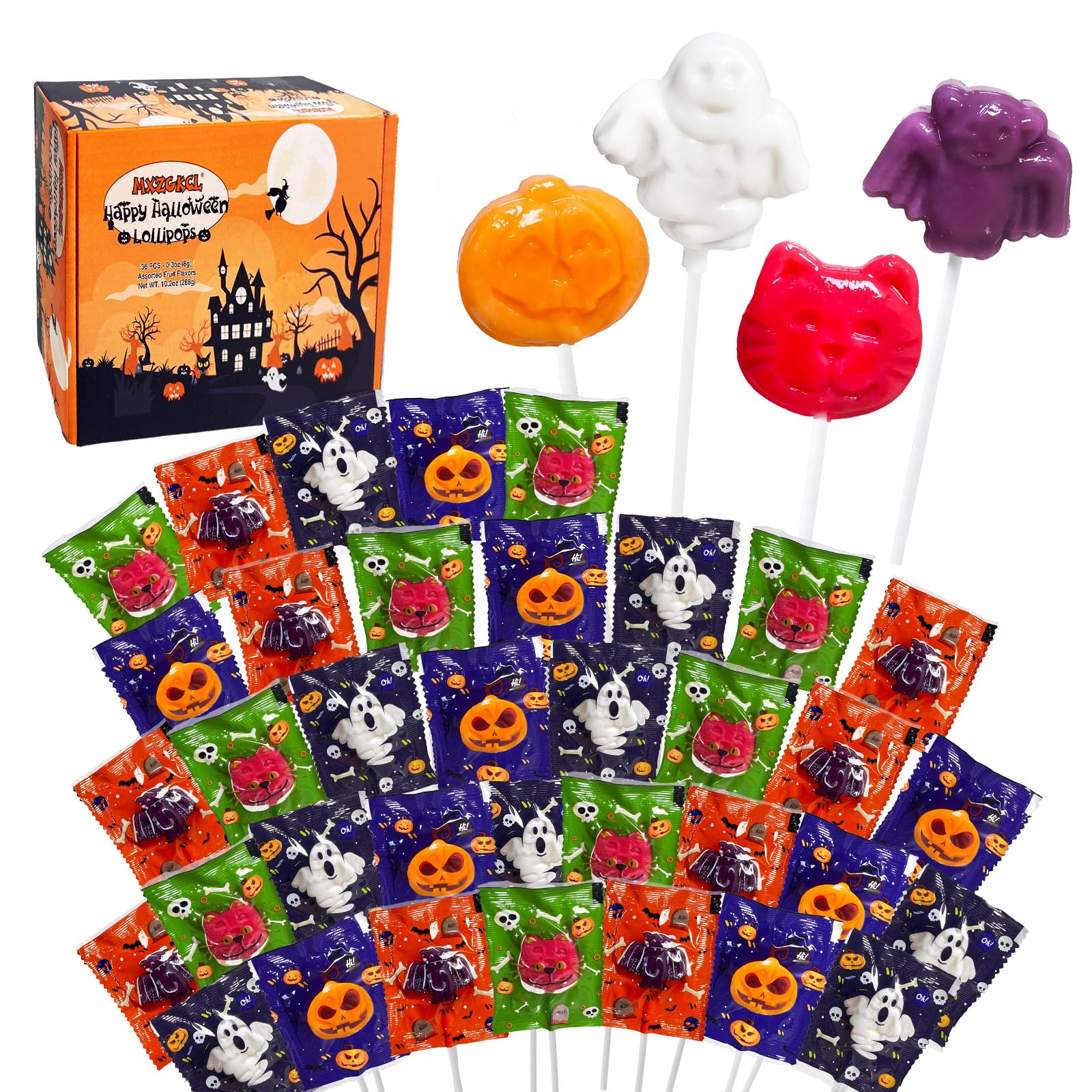 Halloween Lollipop Suckers Candy 36 Pack - Assorted Spooky Pumpkin, Bat & Cat Shaped Lollipops - Individually Wrapped for Trick or Treat, Party Favors & Goody Bag Fillers - Perfect for Halloween Parties, Classroom Treats & Candy Buffets