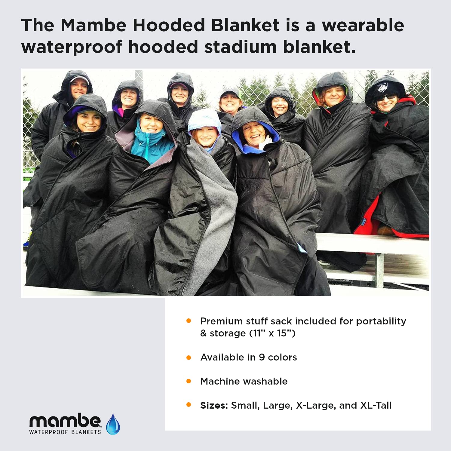 Mambe Large Extreme Weather Hooded Blanket - 100% Waterproof Windproof Fleece Blanket with Premium Storage Sack - Perfect for Outdoor Sports, Camping, Hiking & Stadium Events - Machine Washable Cozy Winter Blanket