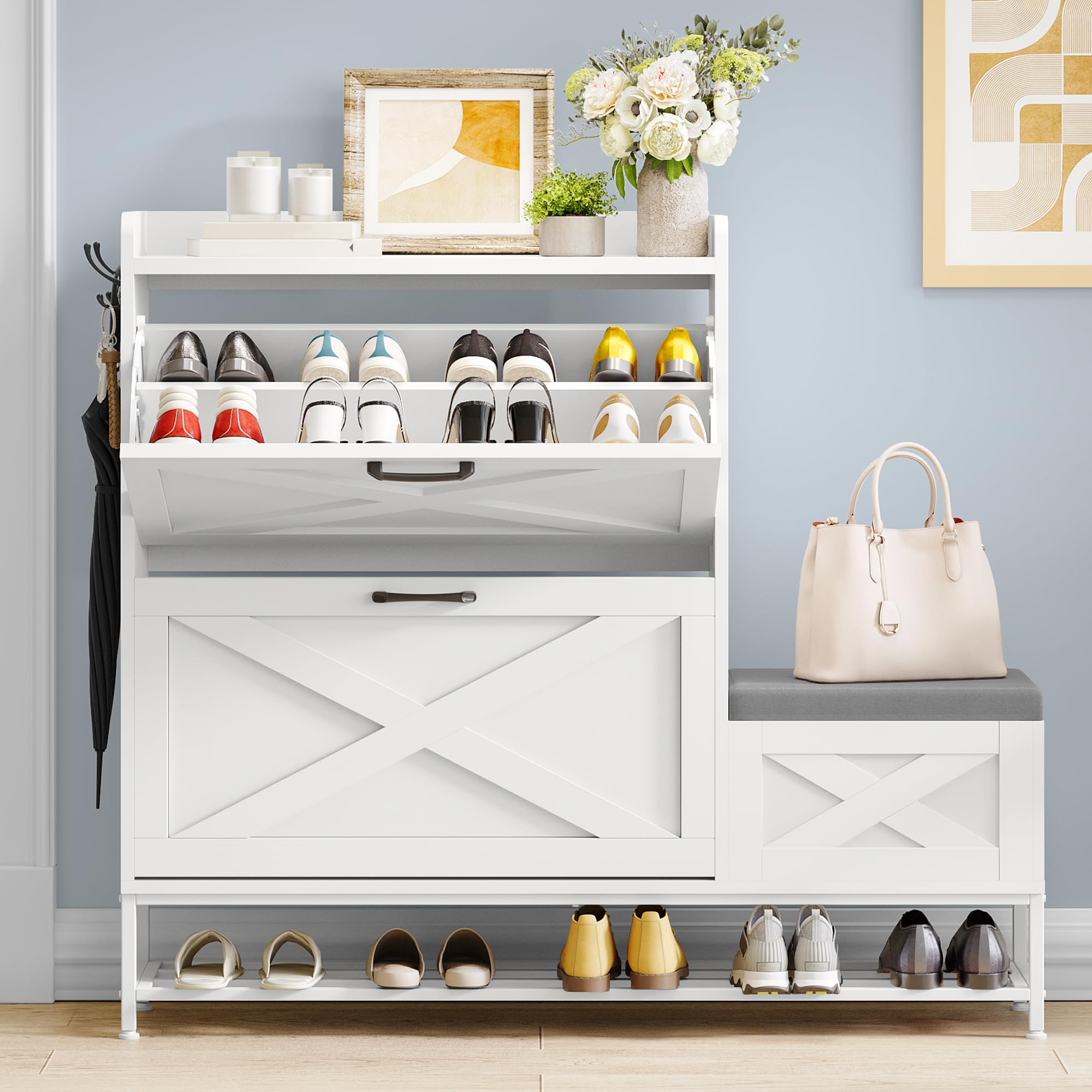 DWVO Farmhouse Shoe Storage Cabinet with 2 Flip Drawers - Holds 16 Pairs of Shoes, Entryway Organizer with Bench Seat | Slim Narrow Design for Hallway, Living Room & Entry | Perfect for Small Spaces & Home Organization (White)