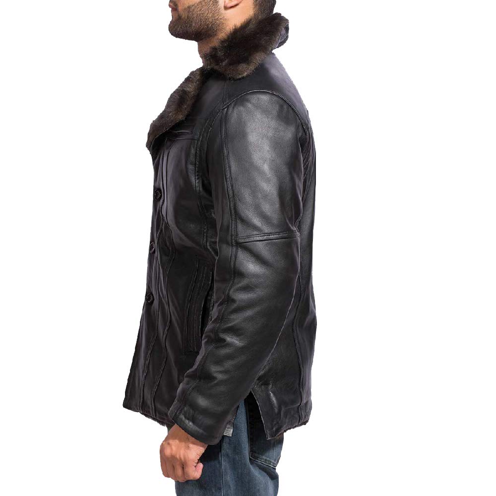 The Jacket Maker Furcliff Men's Black Leather Faux Fur Coat | Warm Sheepskin Style Winter Jacket for Men | Stylish Faux Fur Lined Coat for Cold Weather & Outdoor Activities
