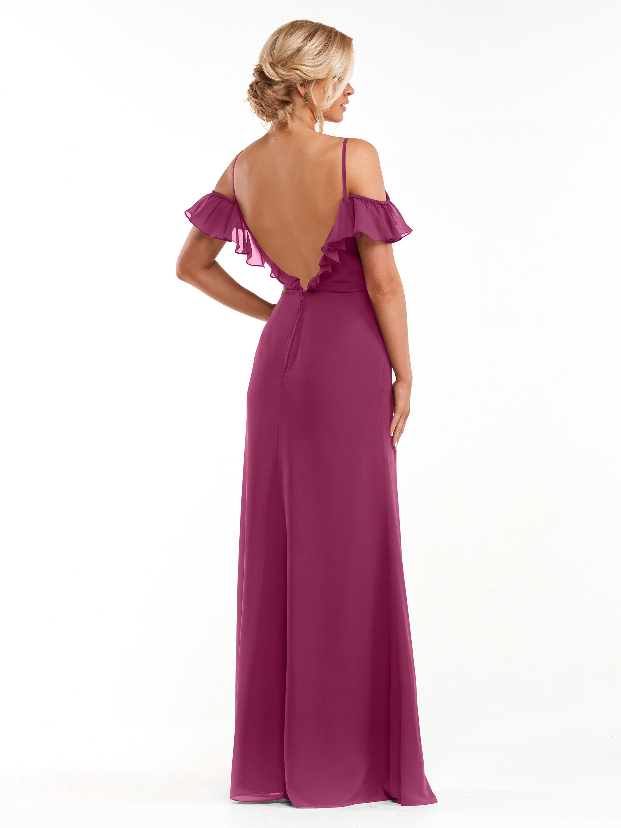 Elegant 80172 Chiffon Off-The-Shoulder A-Line Bridesmaid Dress with Ruffled Neckline - Perfect for Weddings, Formal Events & Special Occasions