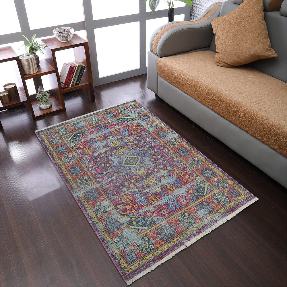 Machine Washable Polyester Area Rugs 6x9 Feet - Oriental Traditional Design Multicolor Low Pile Carpet for Living Room, Bedroom, Dining Room | Non-Slip Soft Rug Perfect for Home Decor (M00060)
