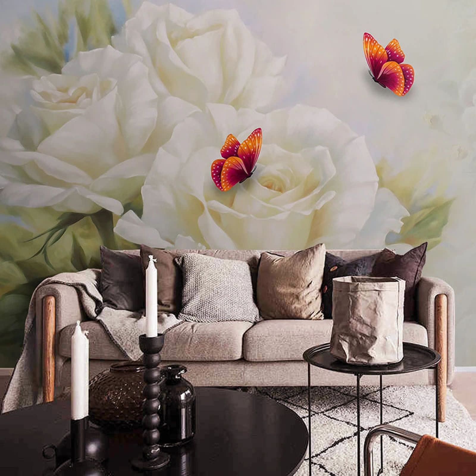 3D White Rose Garden Green Plants Wall Mural - Butterfly Flowers Art Painting Decor for Office & Nursery - Eco-Friendly Stain-Resistant Large Wallpaper 118x82.6 Inches (WxH) - Perfect for Home Decor, Living Room Accent Wall, and Commercial Spaces