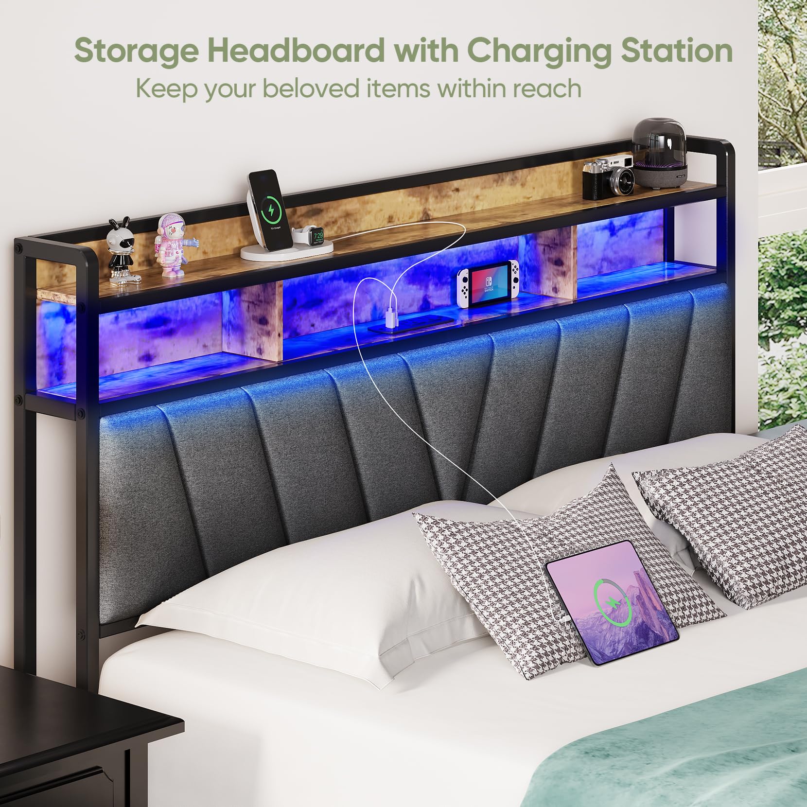 Queen Size Bed Frame with LED Headboard & USB Charging Station - Sturdy Metal Platform Bed with Underbed Storage, Noise-Free Design, No Box Spring Needed, Brown - Perfect for Modern Bedrooms, Guest Rooms & Small Spaces