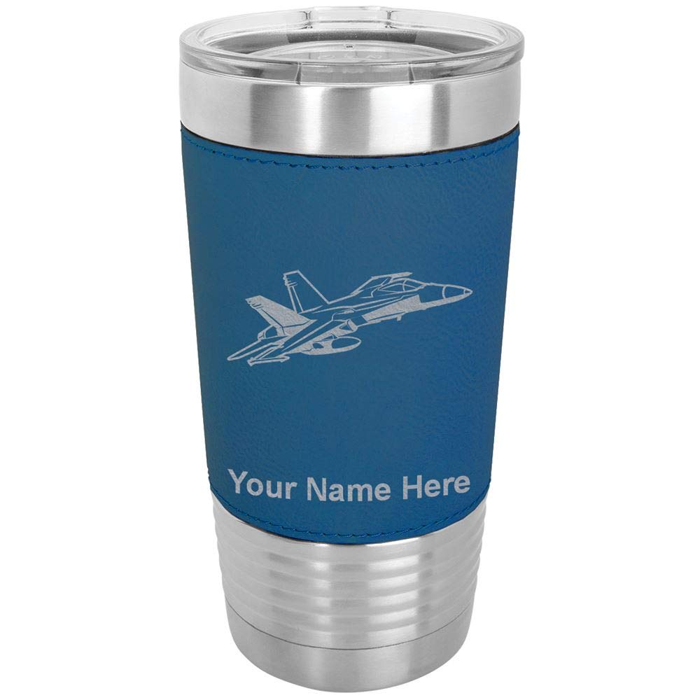 LaserGram 20oz Vacuum Insulated Stainless Steel Tumbler Mug with Leakproof Lid - Custom Engraving, Faux Leather Sleeve (Fighter Jet 2 Design, Blue) - Perfect for Coffee, Tea & Cold Drinks at Office, Gym or Travel
