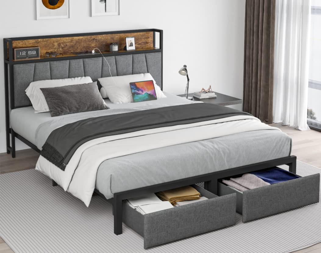 Queen Size Bed Frame with Headboard & Storage Drawers - Heavy Duty Platform Bed with USB Charging Station & LED Lights - No Box Spring Needed - Perfect for Master Bedrooms, Guest Rooms & Small Spaces