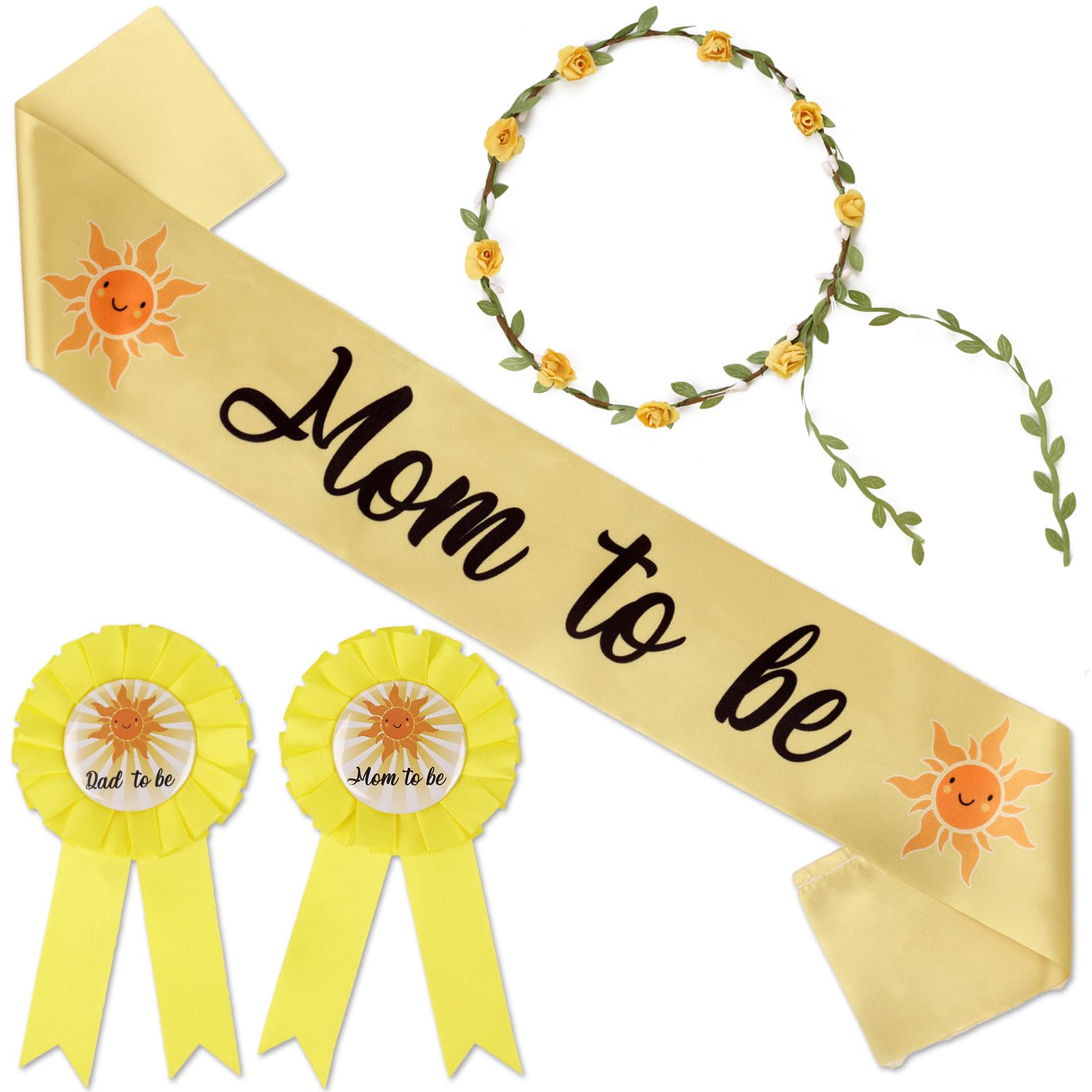 Serencatcher Baby Shower Sash for Mommy Boy - Sunshine Baby Shower Decor Set with Mommy & Daddy Pins, Yellow Flower Crown - Perfect for Gender Reveal Parties, Pregnancy Announcements & Maternity Souvenirs (Great for Outdoor Baby Showers & Photo Props)