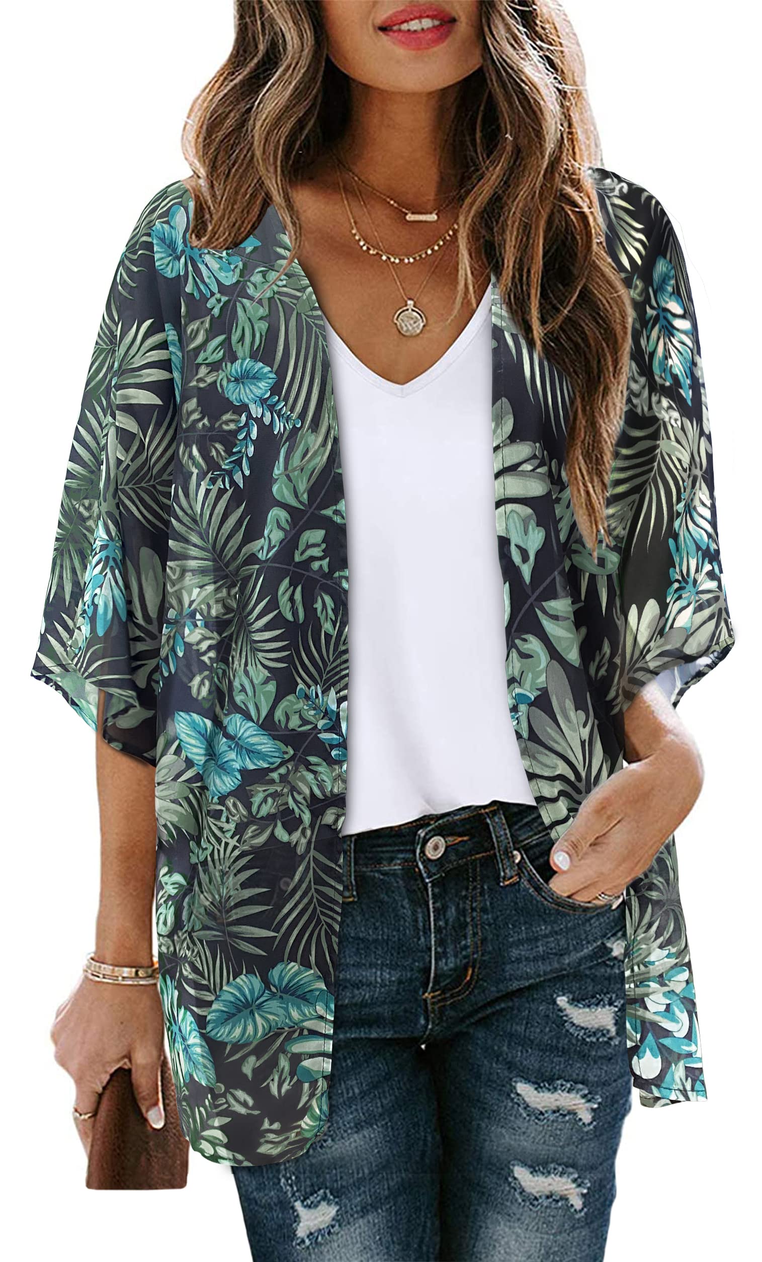 Women's Floral Print Puff Sleeve Kimono Cardigan - Lightweight Loose Cover Up Blouse for Spring/Summer, Beach, Vacation & Casual Outfits