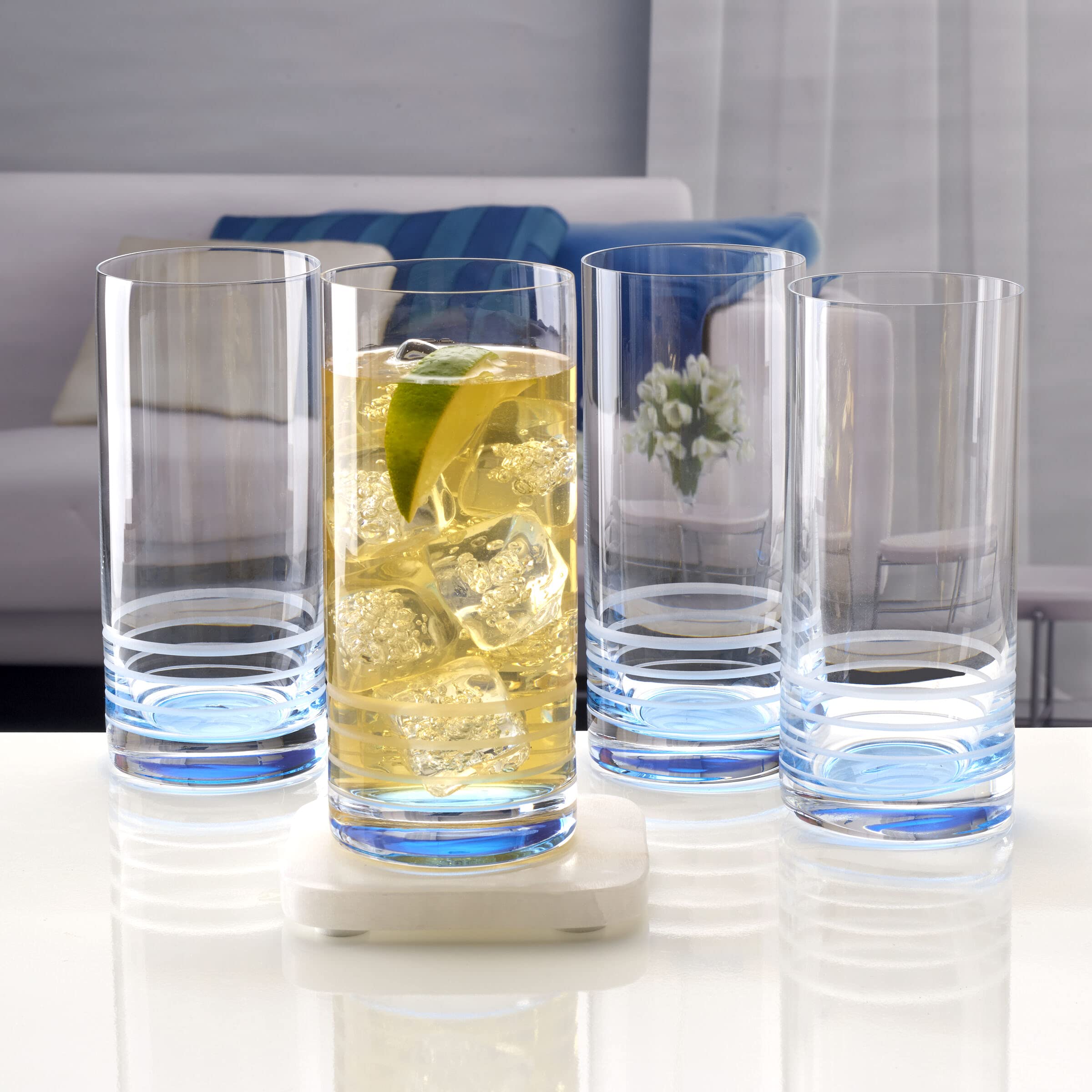 Mikasa Cal Ombre Highball Tumbler Cups - Set of 4 (17 oz) - Blue Glass Drinking Glasses for Cocktails, Iced Coffee & Home Bar Use