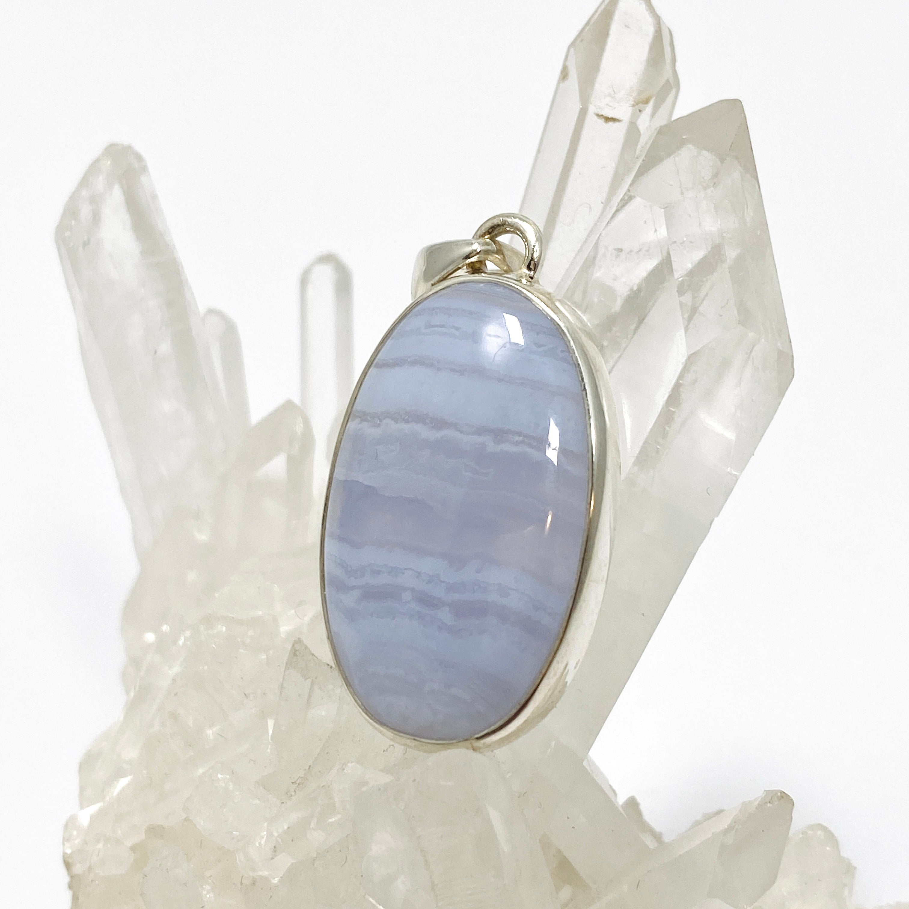 Blue Lace Agate Oval Cabochon Pendant KPGJ4820 - Natural Stone Jewelry for Women, Healing Crystal Necklace - Perfect for Meditation, Yoga & Spiritual Gifts