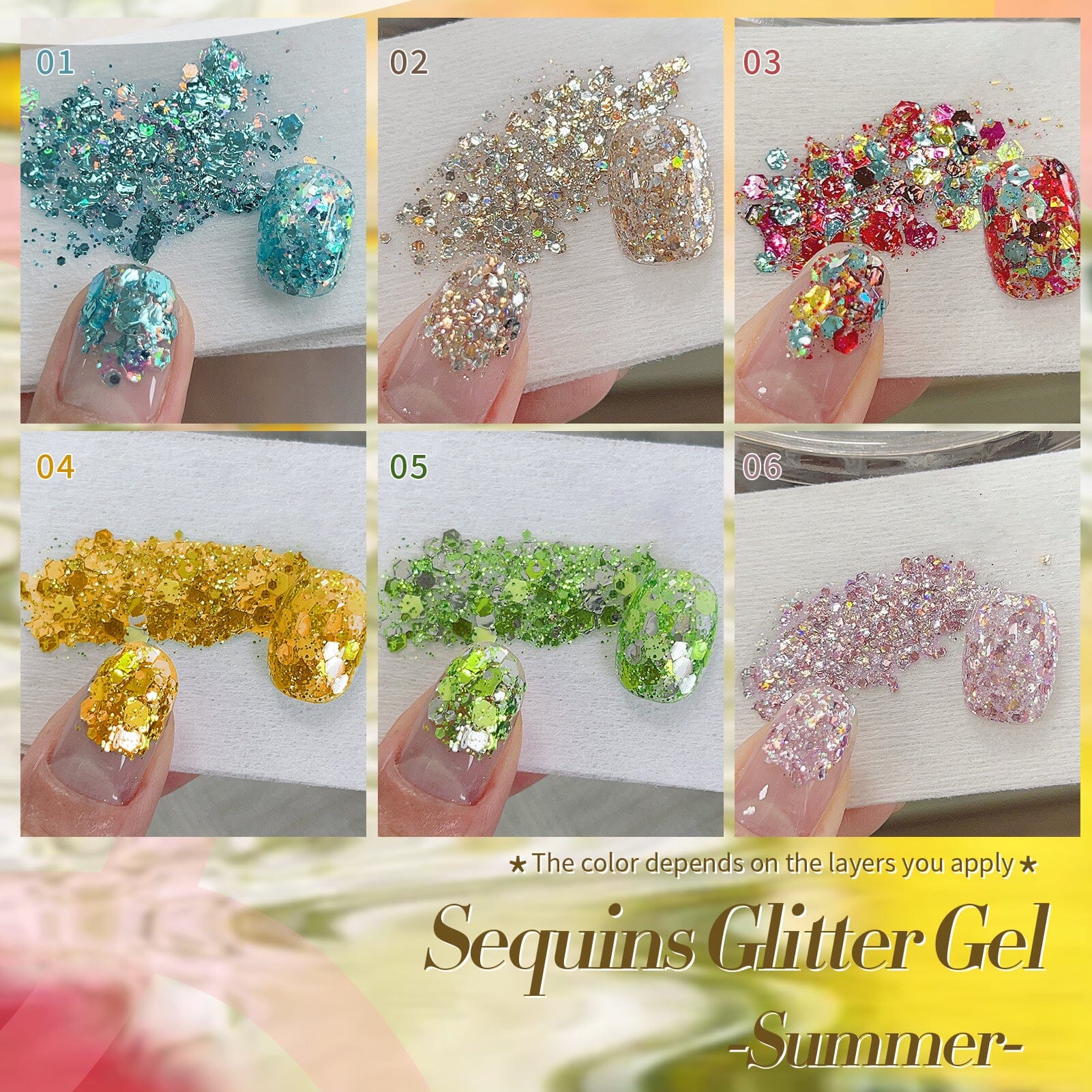 6 Colors Glitter Sequins Gel Nail Polish Set - 7ml Long Lasting Summer Nail Art Kit for Manicure & Pedicure - Perfect for Parties, Weddings, and Special Occasions