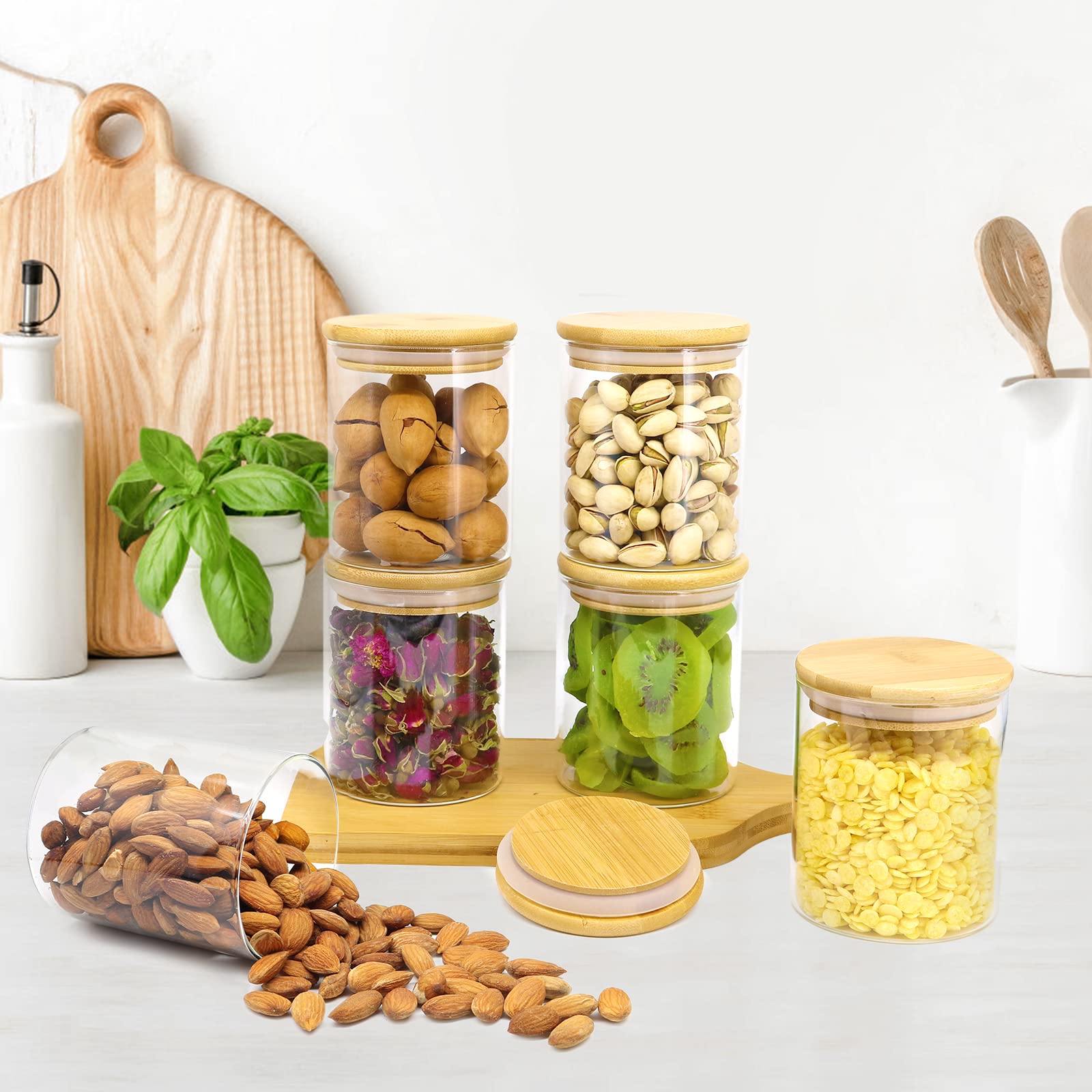 15oz Glass Jars with Airtight Bamboo Lids - 9 Pack Small Food Storage Containers for Kitchen Pantry Organization | Perfect for Storing Tea, Coffee, Candy, Cookies, Nuts & Spices | Ideal for Home, Office & Gift Giving