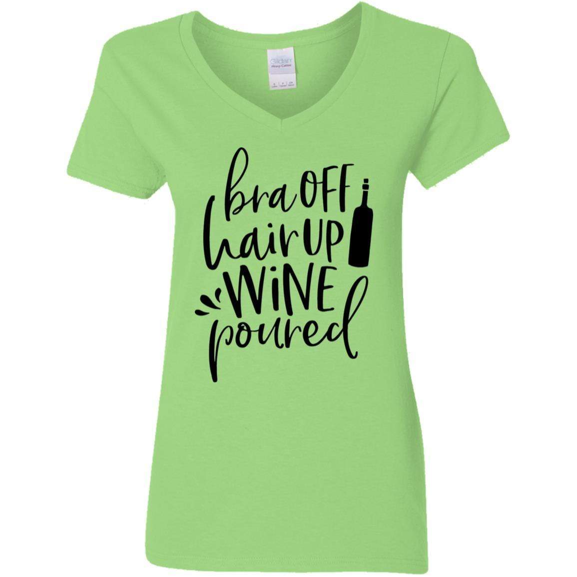 WineyBitches.Co Women's 5.3 oz V-Neck T-Shirt with 'Bra Off Hair Up Wine Poured' Slogan (Black Lettering) - Perfect for Wine Nights, Girls' Parties & Relaxing at Home