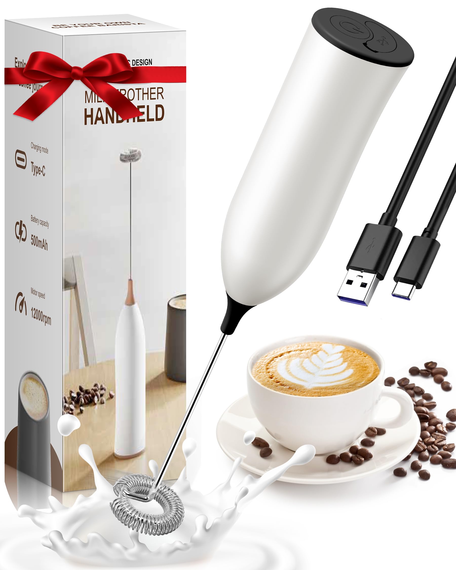 Rechargeable USB Milk Frother Wand - Powerful Handheld Frother for Coffee, Latte, Cappuccino, Mocha & Protein Shakes - Perfect for Home, Office & Cafe Use - White