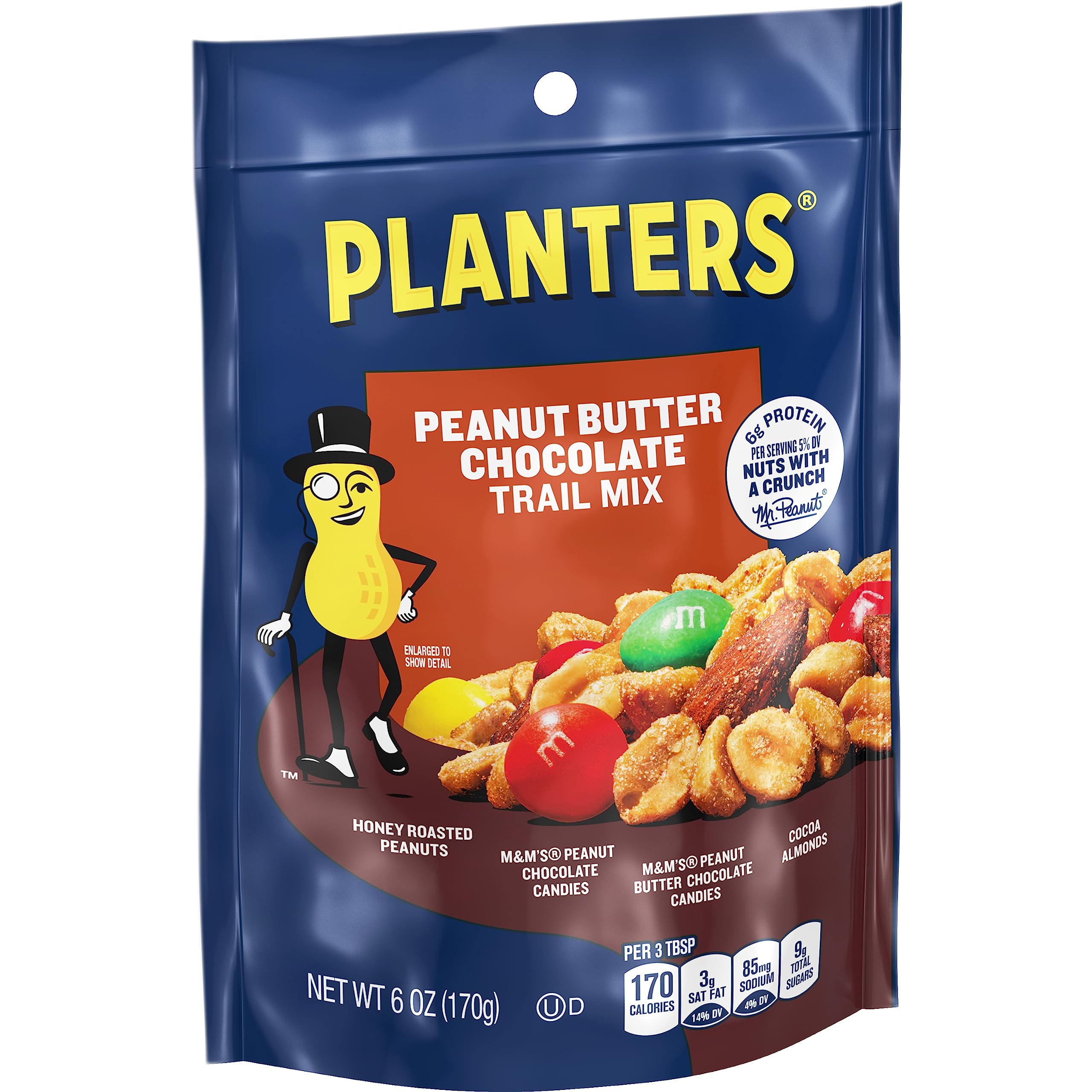 Planters Peanut Butter Chocolate Trail Mix with Honey Peanuts, M&M Peanut Butter & Peanut Chocolate Candies, Cocoa Almonds - 12 Pack (6 oz Bags) - Perfect for Hiking, Snacking & Office Breaks