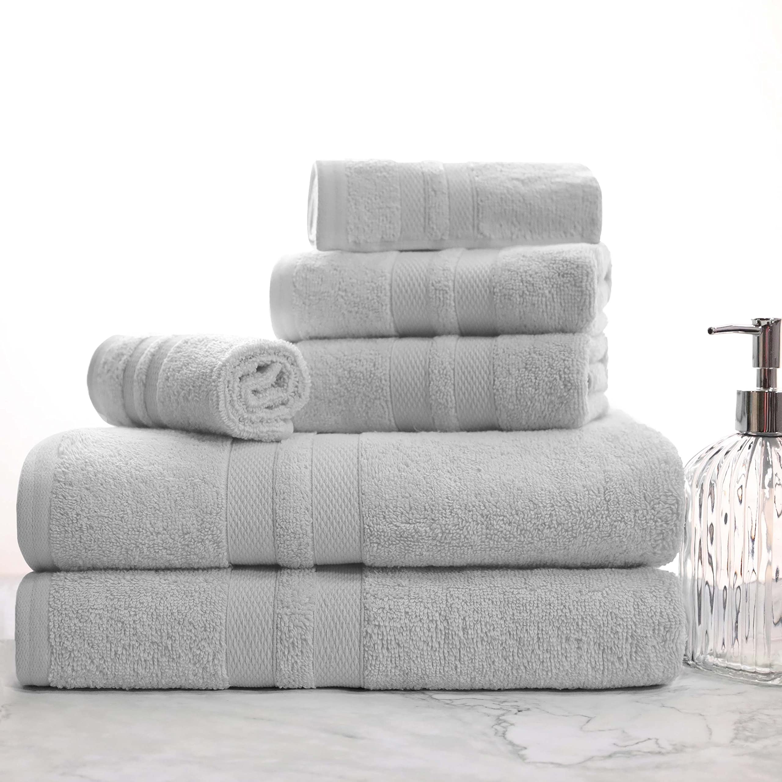 BNM Ultra-Soft Cotton Towel Set - 6 Piece Bath & Hand Towels with Washcloths | Quick-Dry, Absorbent & Luxurious | Shower, Spa & Home Essentials | Silver Double Line Dobby Border | Perfect for Bathrooms, Guest Rooms & Gym Use