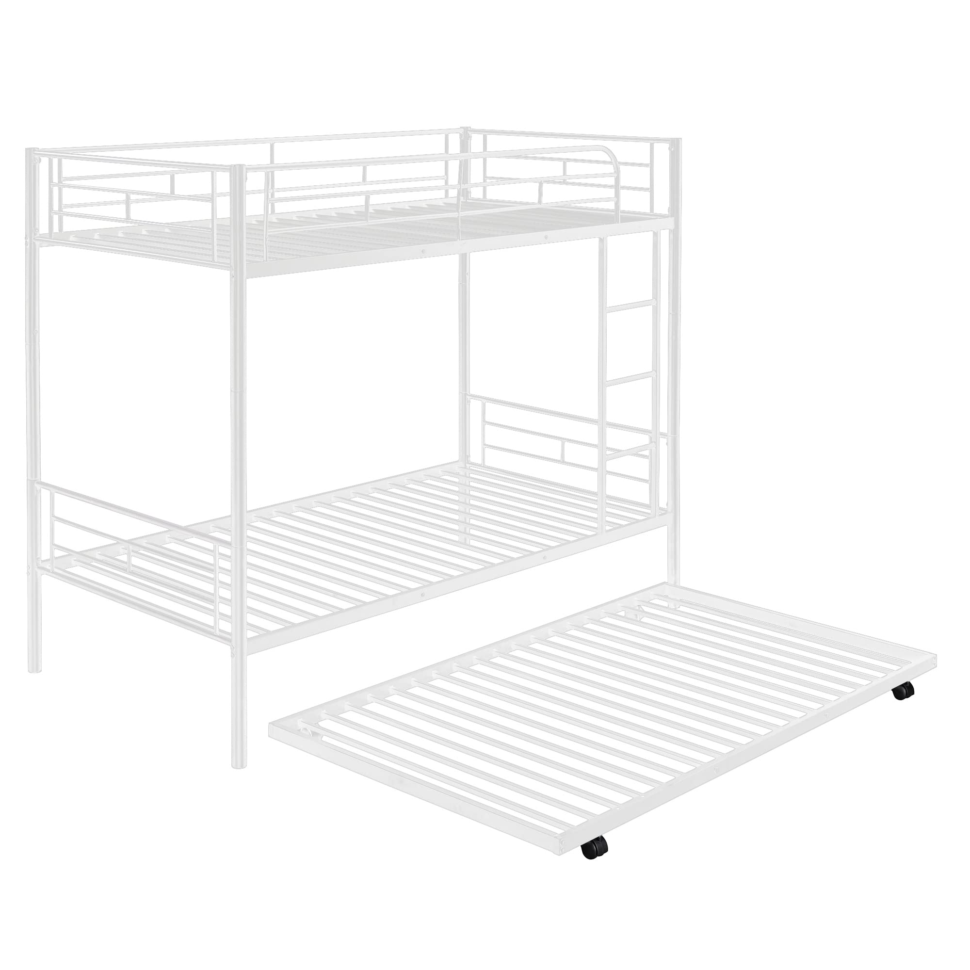 P PURLOVE Twin Over Twin Metal Bunk Bed with Trundle & Ladder - Convertible to 2 Separate Beds, Space-Saving Design, No Box Spring Required, White - Perfect for Kids' Bedrooms, Guest Rooms & Small Spaces