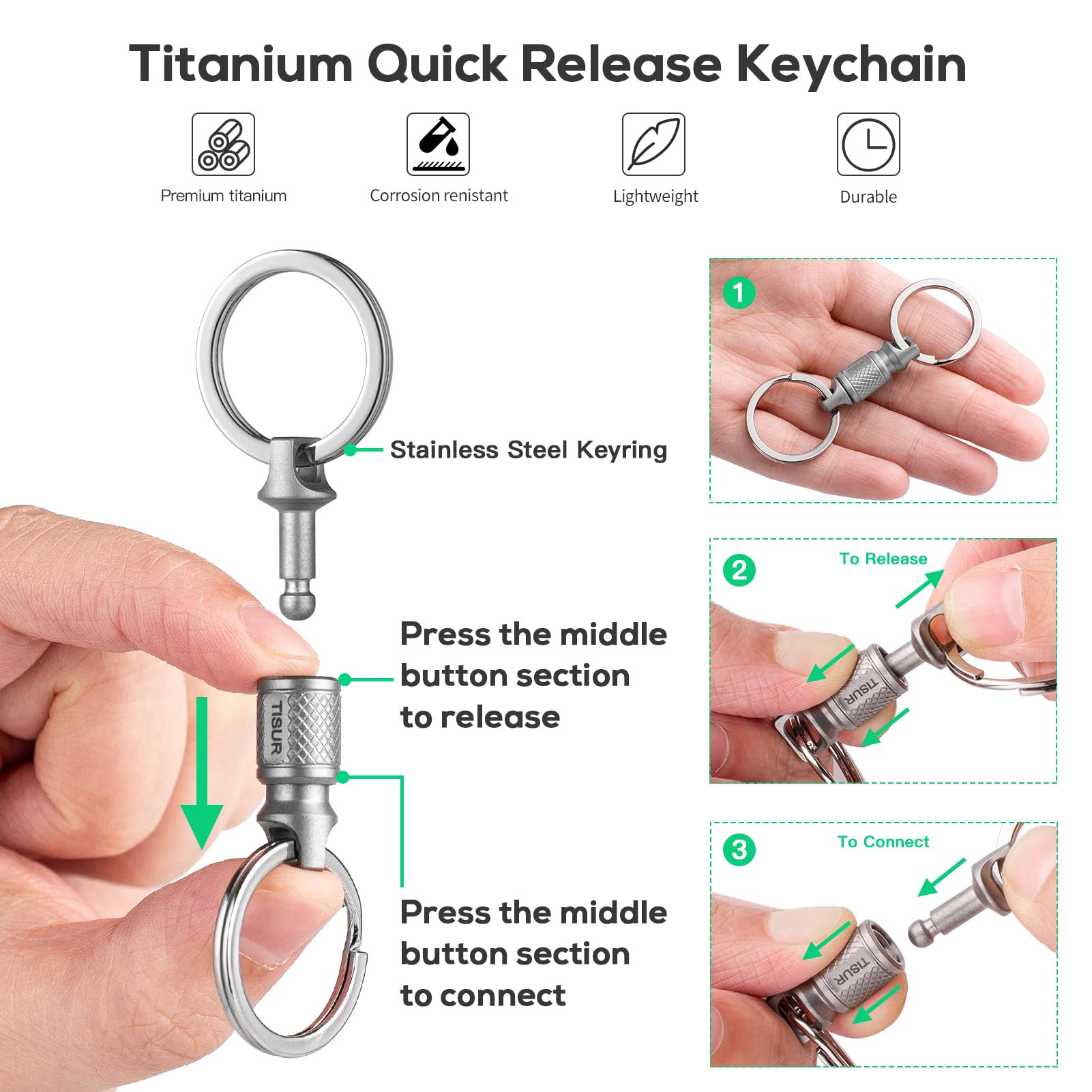 TISUR Titanium Quick Release Keychain - Retractable & Detachable Key Chain Clip with Pull-Apart Key Rings for Men & Women | Perfect for Car Keys, House Keys, and Everyday Carry (EDC) Accessories