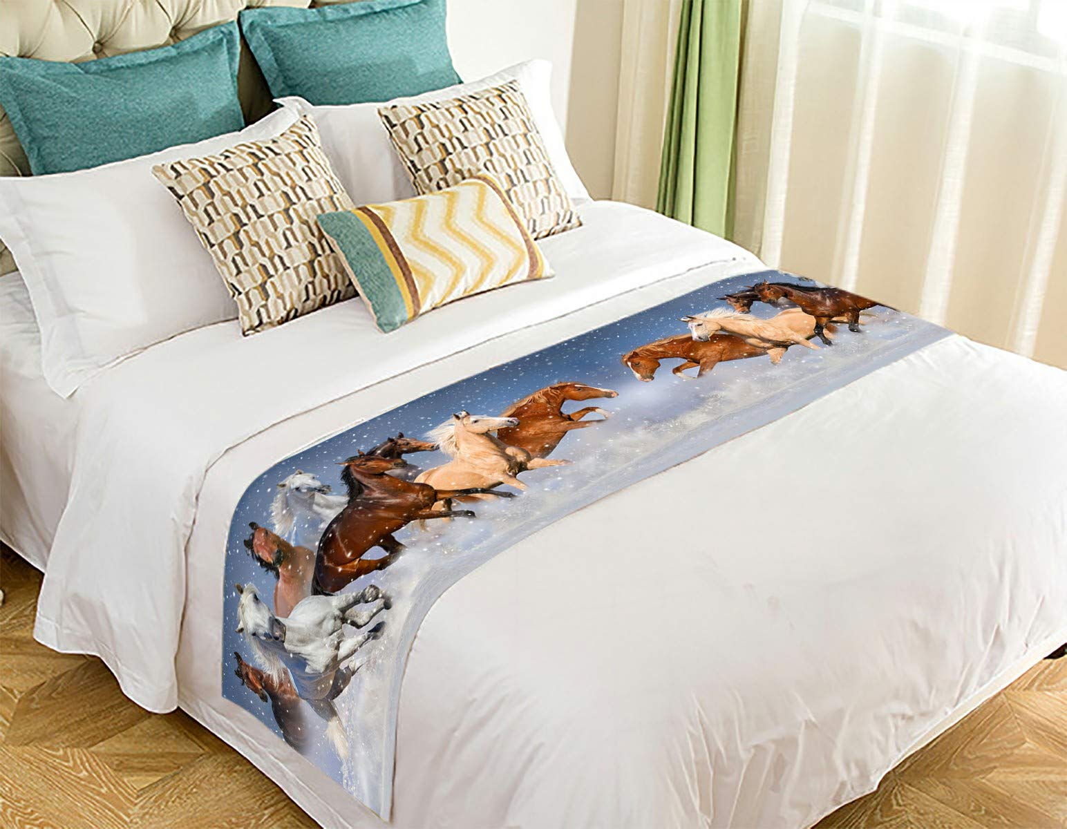 Premium Winter Horse Herd Print Runner - 20x95 Inch Snow Field Scarf for Bed Decor & Home Styling - Perfect for Farmhouse, Rustic, and Country Themed Bedrooms