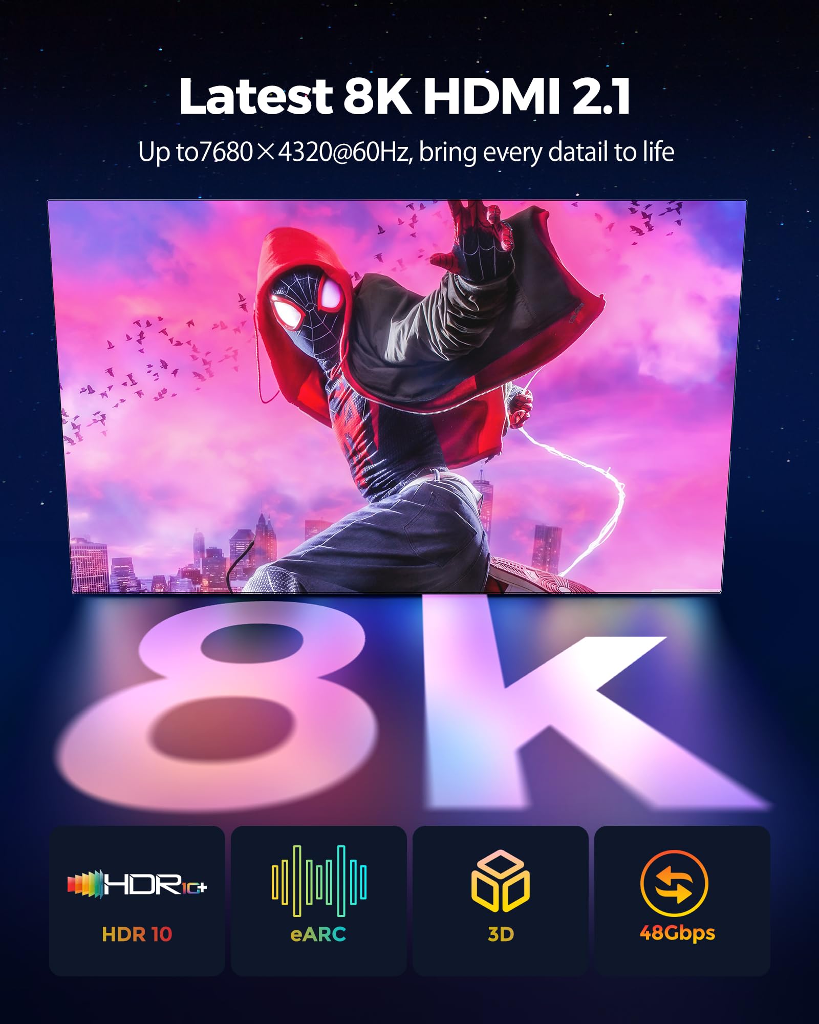 Silkland 8K HDMI 2.1 Cable 6.6FT - Ultra High Speed 48Gbps HDMI Cord for 8K@60Hz & 4K@120Hz - Supports HDR10, ARC/eARC, HDCP 2.2/2.3 - Perfect for Gaming, Roku TV, Xbox Series X/S, PS5/PS4, Laptop & Soundbar - Ideal for Home Theater & Professional Gaming Setup
