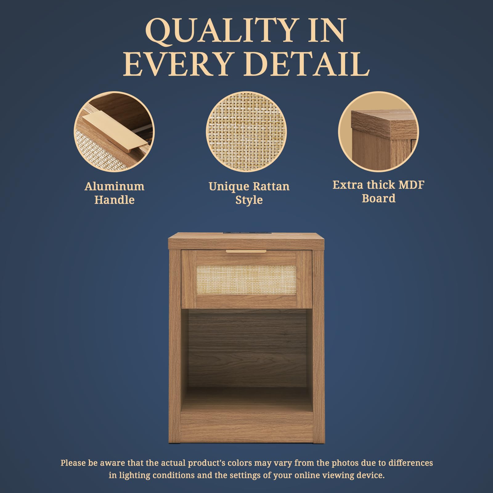 2-Piece Rattan Nightstand Set with USB-C Charging Station & Drawer - Boho Bedside Table, End Table for Bedroom & Living Room (Weathered Oak) - Perfect for Small Spaces, Guest Rooms & Apartment Decor