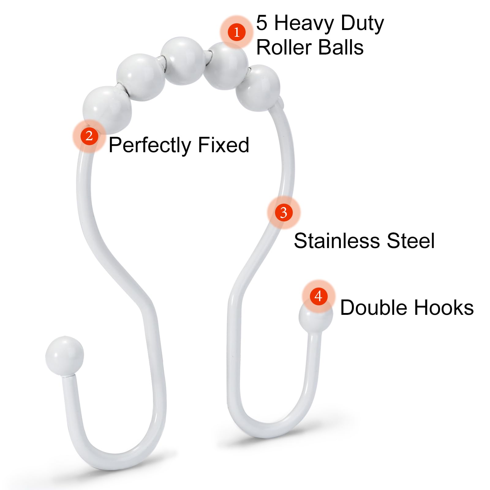Goowin 12 Pack Stainless Steel Shower Curtain Hooks - Rustproof Smooth Sliding Anti-Drop Double Rings for Bathroom, Hotel & Dorm - Perfect for Standard Curtain Rods (White)