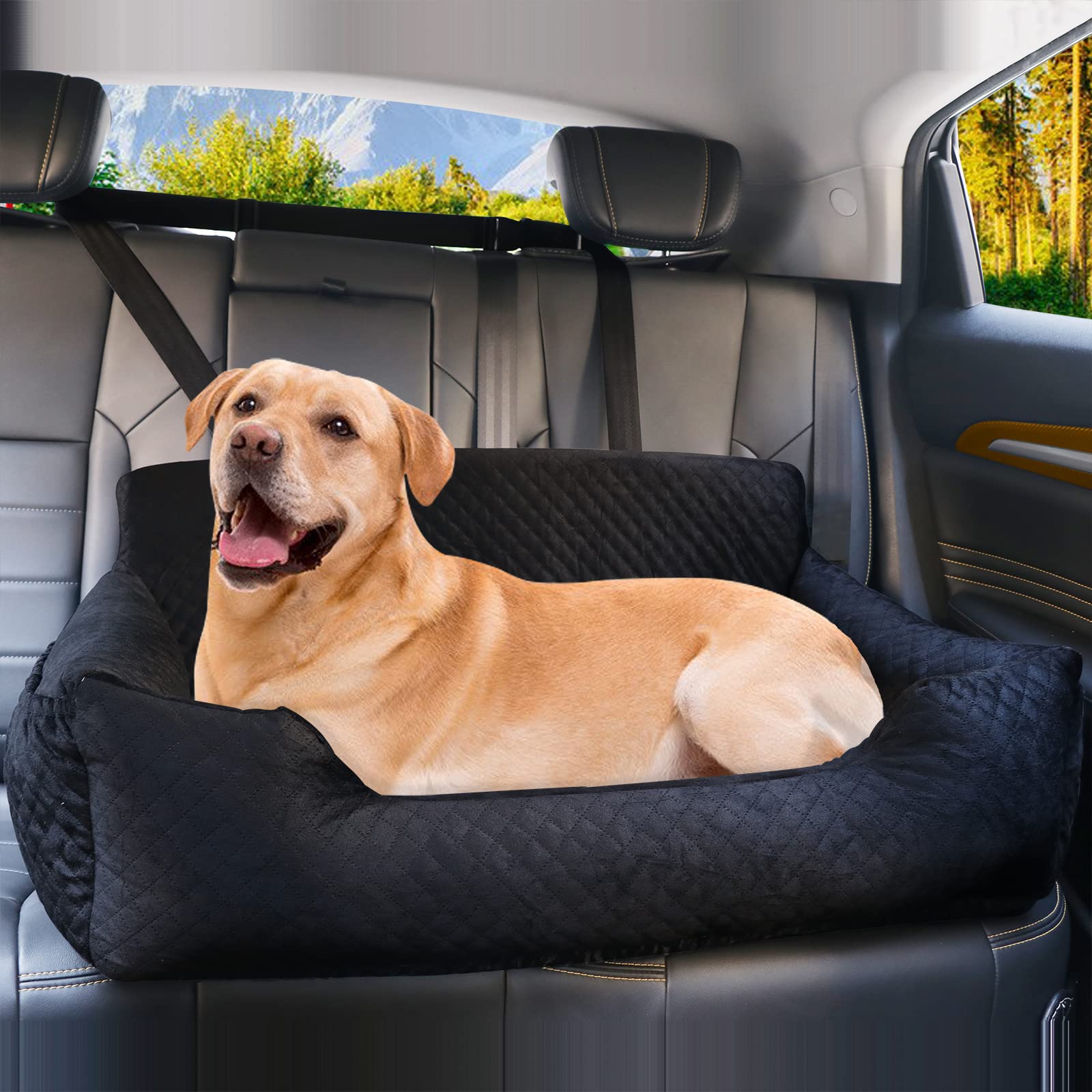 Vamtnner Dog Car Seat for Large/Medium Dogs Under 60 lbs or 2 Small Dogs - Pet Booster Back Seat Bed with Storage Pocket, Soft Fabric & Non-Slip Base - Detachable & Easy to Clean - Perfect for Safe Travel, Road Trips & Daily Commutes with Your Pet