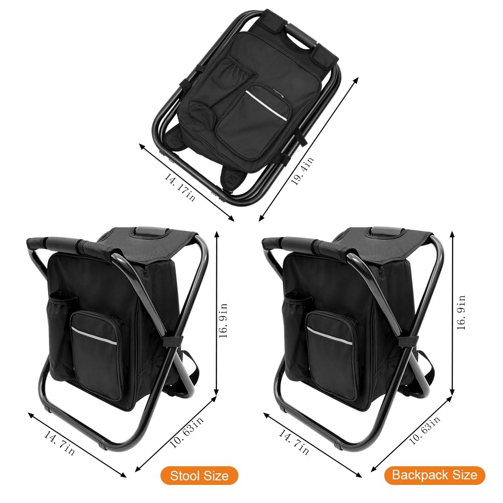 Portable Folding Camping Stool with Backpack & Cooler Bag - Lightweight Hiking Seat for Outdoor Fishing, Hunting & Picnics - Perfect for Camping, Beach & Backpacking Trips (Black)