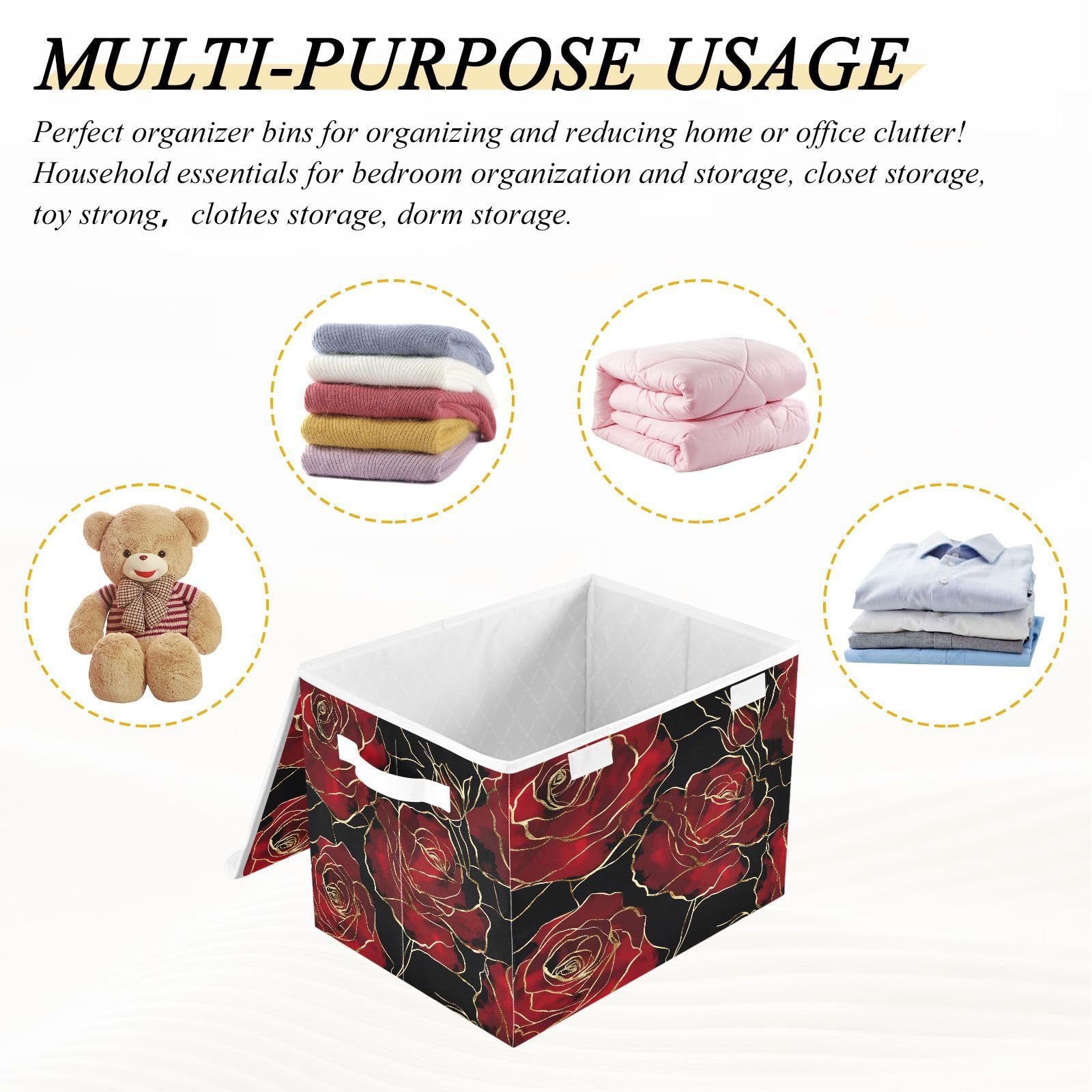 Golden Red Rose Fabric Foldable Storage Bins with Lids - Collapsible Organizer Baskets for Home, Bedroom, Closet & Office - Perfect for Clothes, Toys, Blankets & Home Organization
