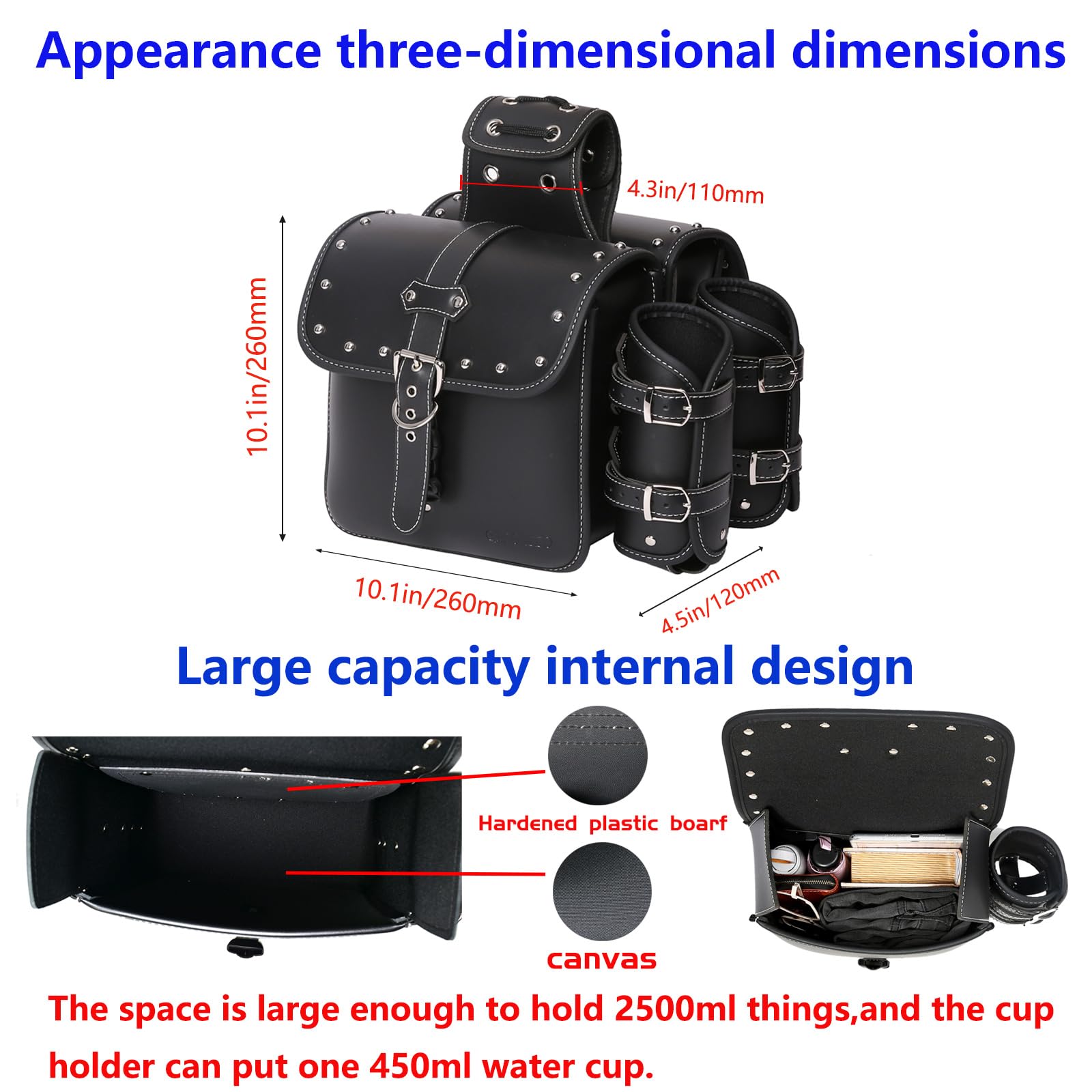 Premium High-Density Leather Motorcycle Saddlebags - Universal Throw Over Side Bags with Cup Holder, Waterproof Storage Tool Pouch for Harley, Cruiser & Touring Bikes (1 Pair, Black) - Perfect for Long Rides, Road Trips & Daily Commuting