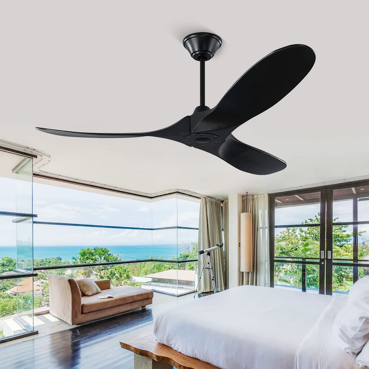 60 Inch Black Ceiling Fan with Remote Control - 3 Blade Outdoor Ceiling Fan, No Light, 6 Speed Reversible DC Motor - Perfect for Patio, Living Room, Bedroom, Farmhouse & More - Durable Weatherproof Design for Indoor/Outdoor Use