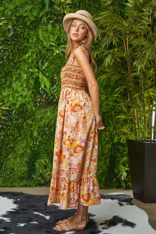 Geo Ruffle Strappy Midi Beach Dress - Floral Print Summer Sundress for Women | Perfect for Vacations, Pool Parties & Tropical Getaways