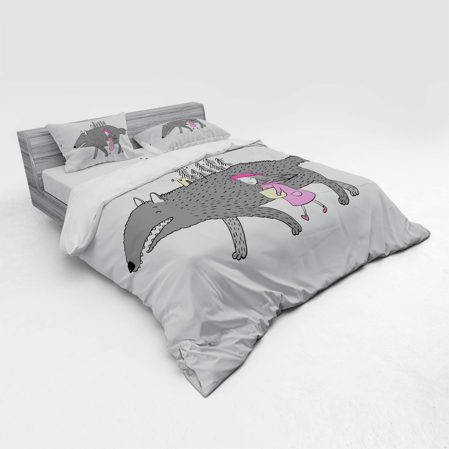 Ambesonne Fantasy Bedding Set - King Size 4-Piece Duvet Cover with Shams & Fitted Sheet, Pink Grey Peach - Girl in Pink Dress Walking with Giant Wolf in Fir Forest Design - Perfect for Kids' Room, Teen Bedroom or Fantasy Themed Decor