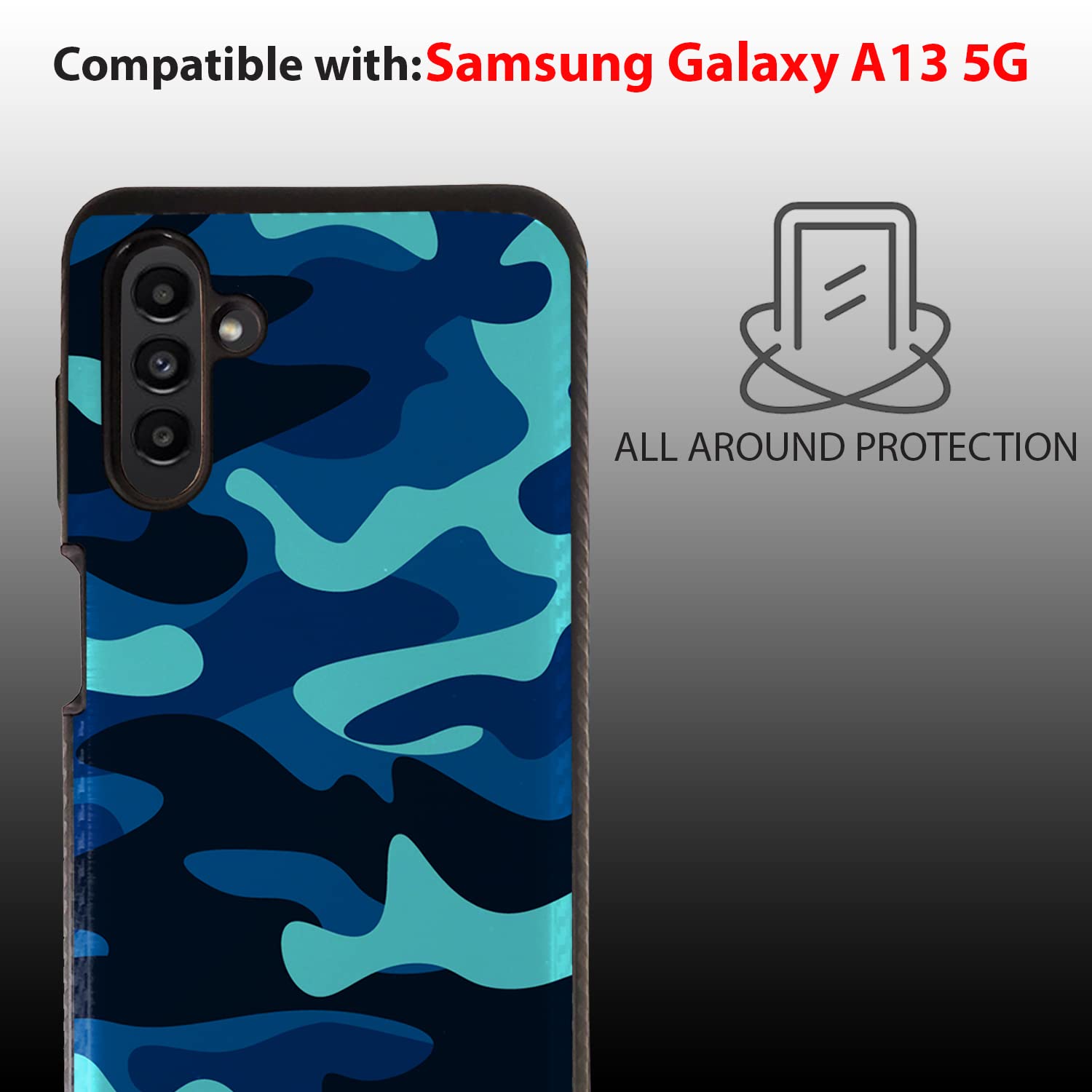 CasesOnDeck Heavy Duty Protective Case for Samsung Galaxy A13 5G/A13 - Brushed Armor Matte Black with Blue Camo Design | Shockproof Cover for Everyday Use, Outdoor Activities & Travel Protection