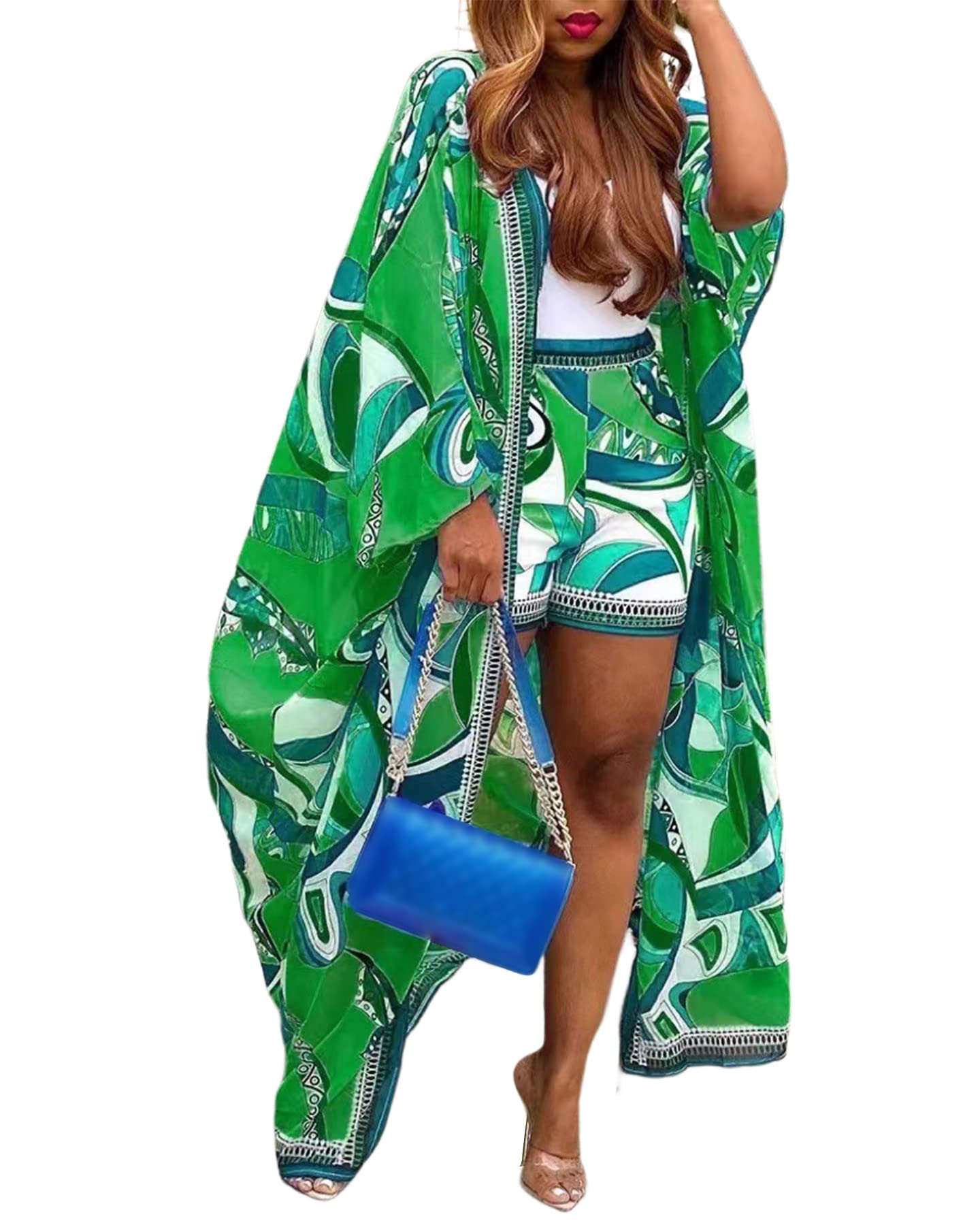 Sexy 2-Piece Women's Beach Cover Up Set - Open Front Long Cardigan & Shorts | Perfect for Summer Vacations, Pool Parties, and Resort Wear
